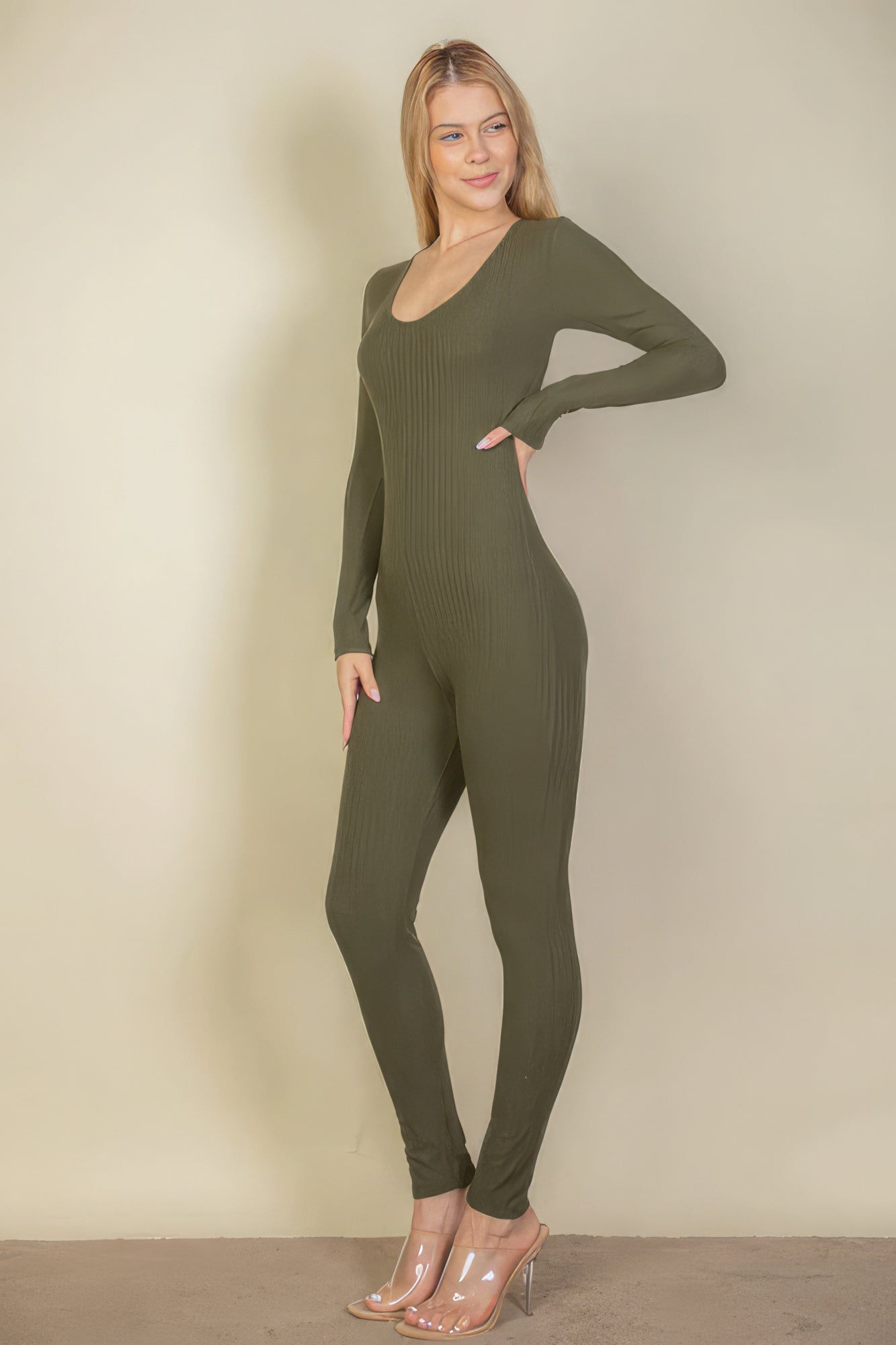 Ribbed Scoop Neck Long Sleeve Jumpsuit - Stormyjay