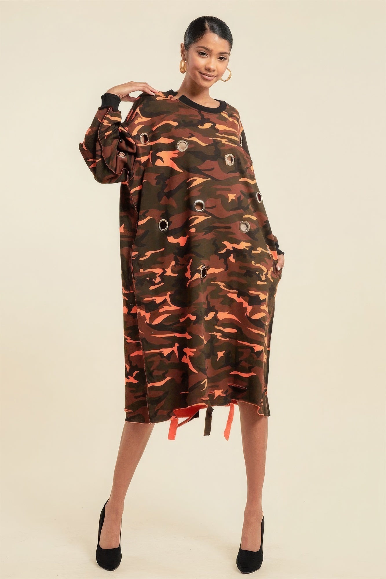 Camouflage Printed Midi Dress With Rings - Stormyjay