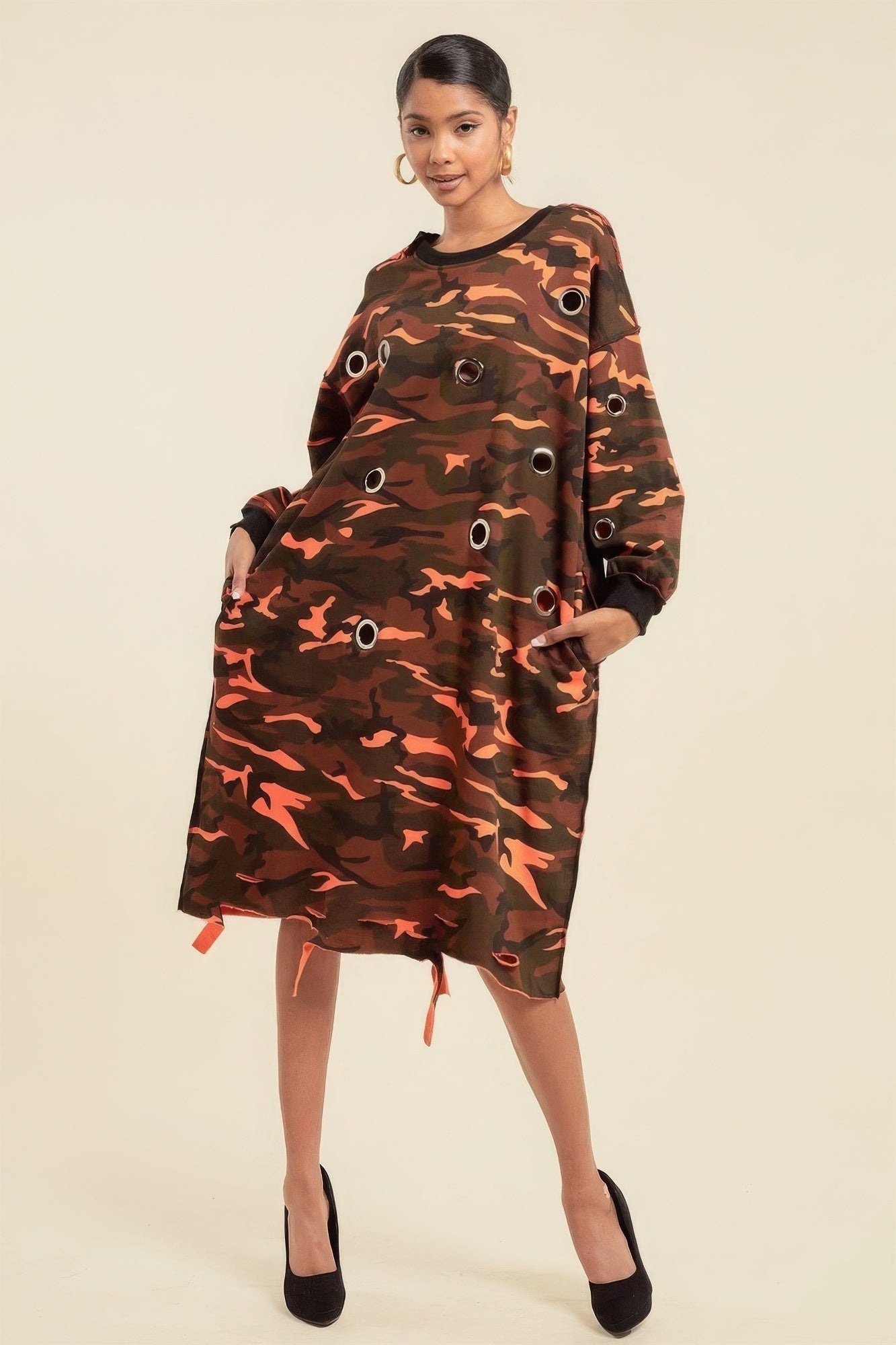 Camouflage Printed Midi Dress With Rings - Stormyjay