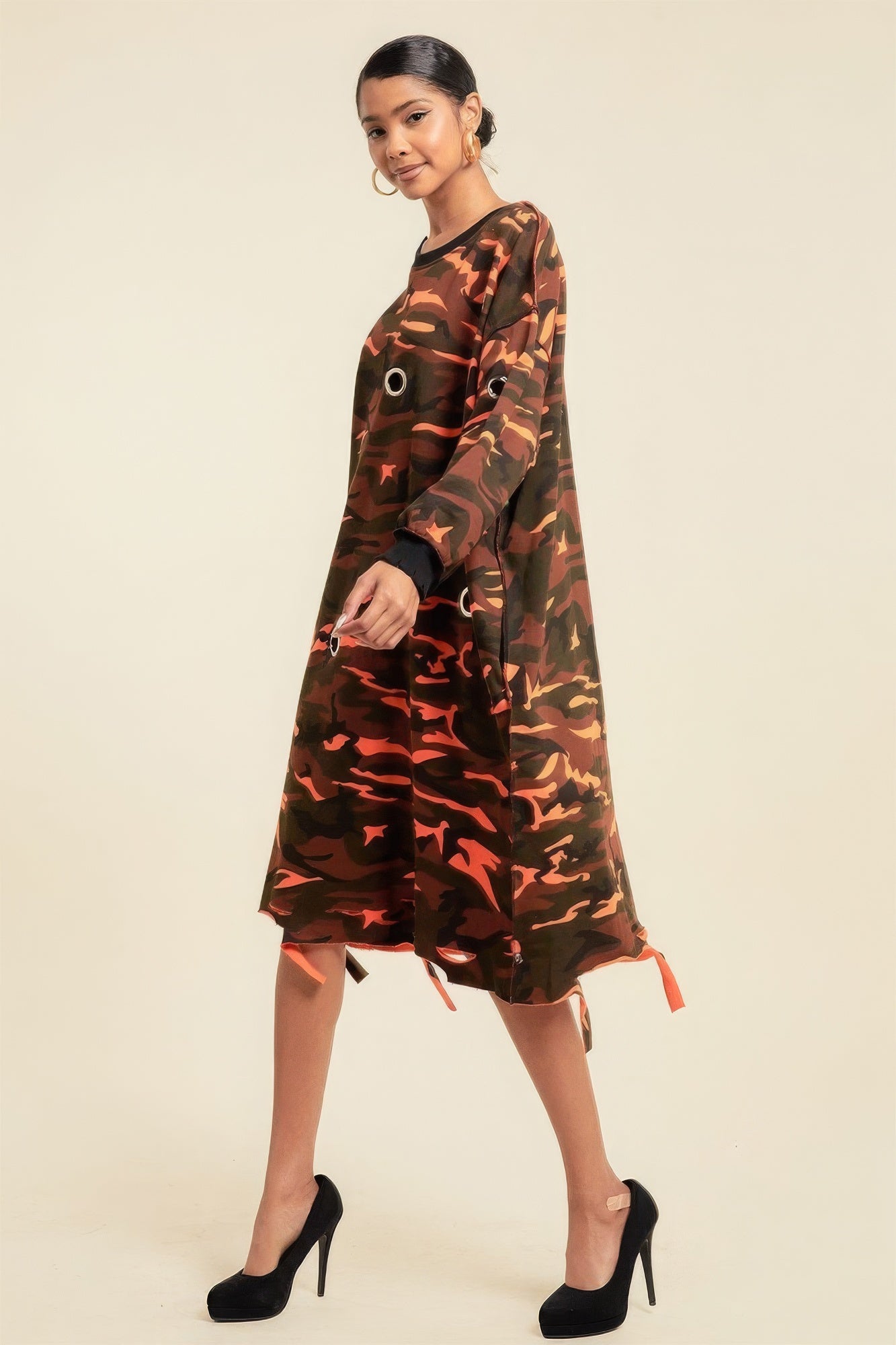 Camouflage Printed Midi Dress With Rings - Stormyjay