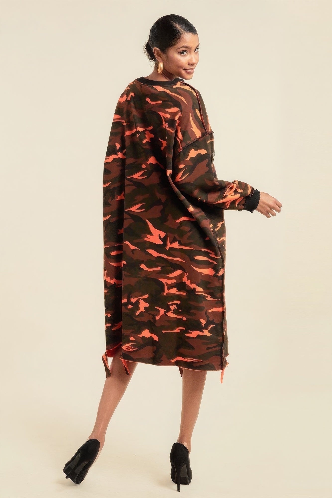 Camouflage Printed Midi Dress With Rings - Stormyjay