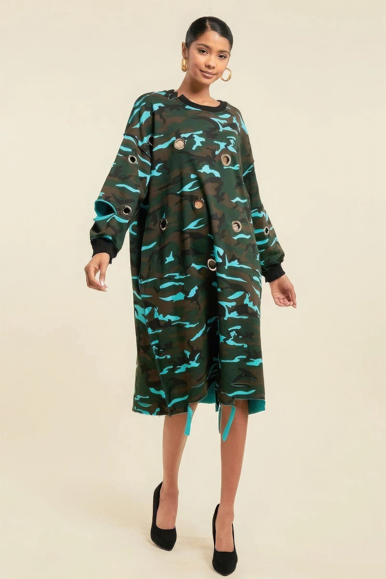 Camouflage Printed Midi Dress With Rings - Stormyjay