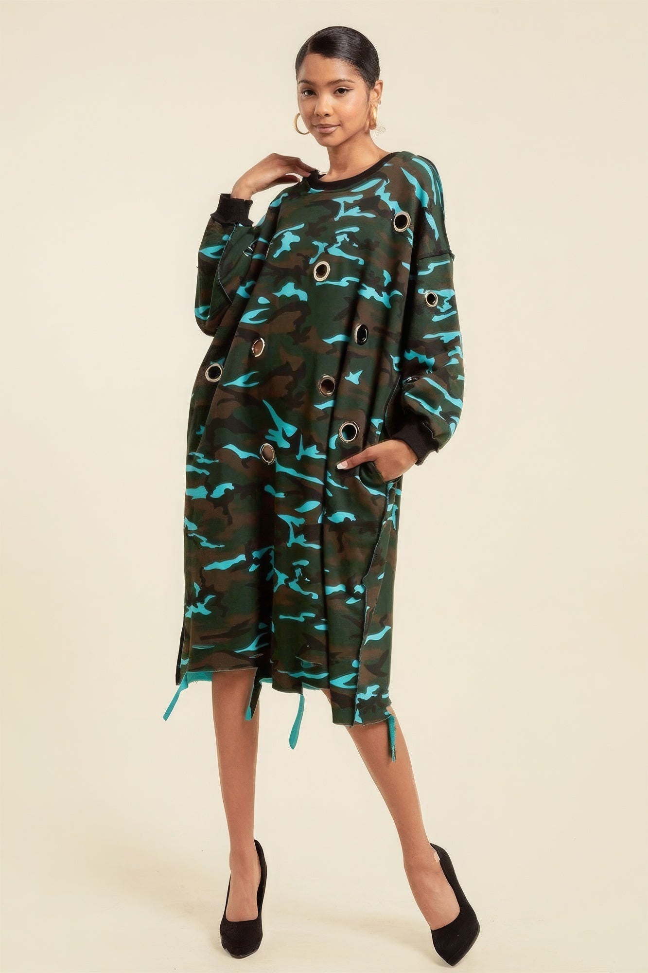 Camouflage Printed Midi Dress With Rings - Stormyjay