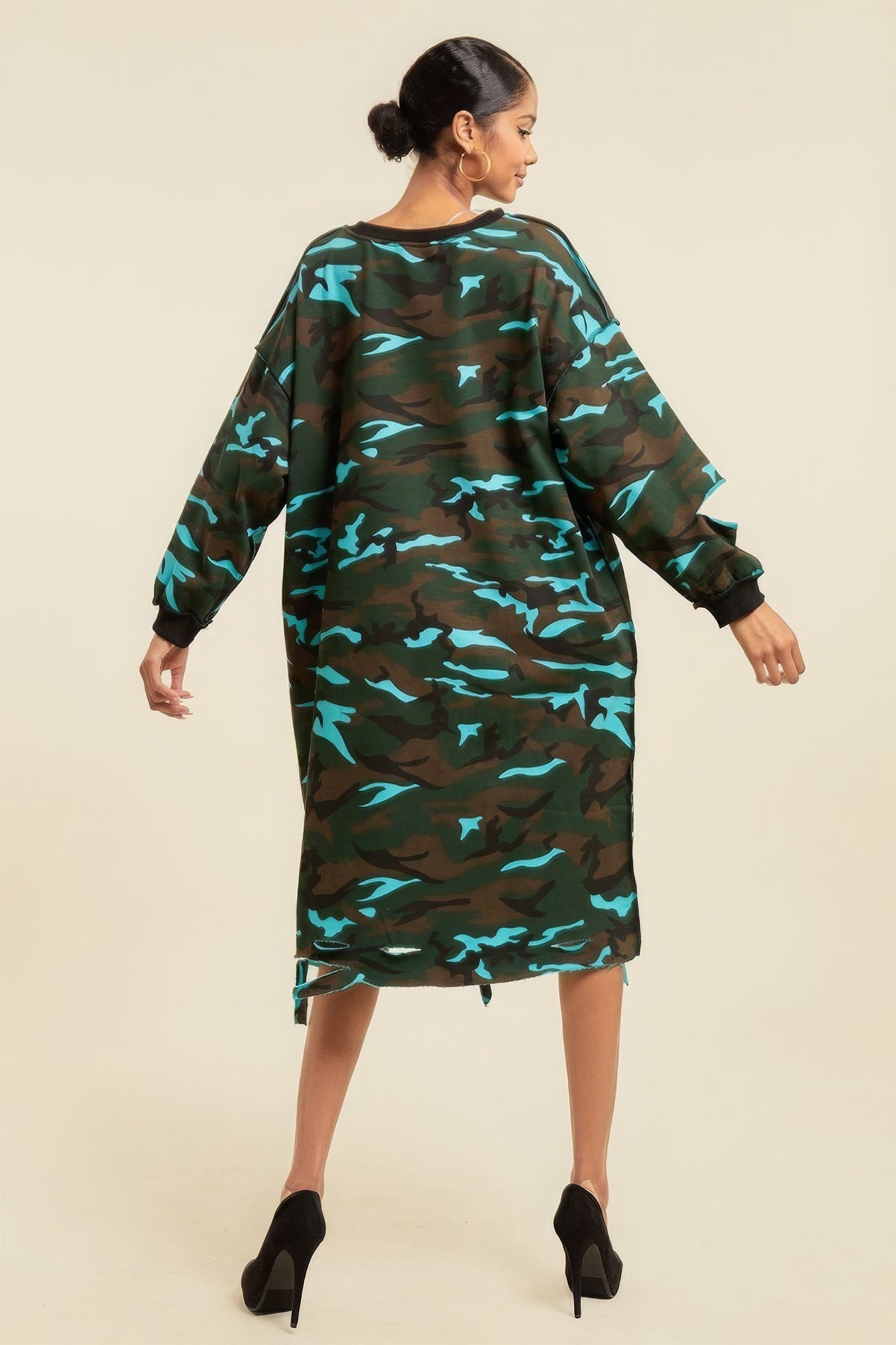 Camouflage Printed Midi Dress With Rings - Stormyjay