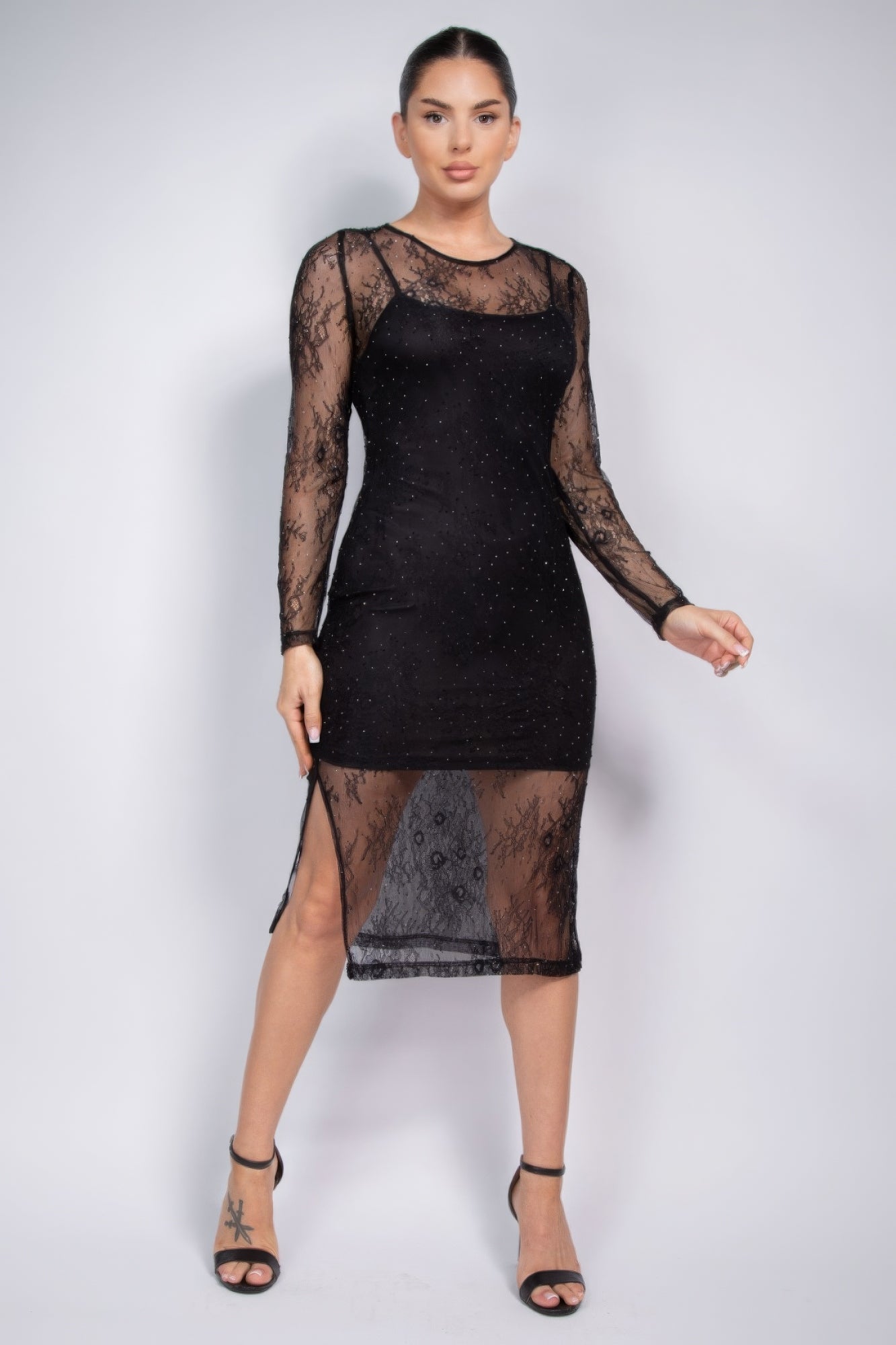 Lace Rhinestone-studded Slit Midi Dress - Stormyjay