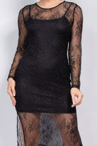 Lace Rhinestone-studded Slit Midi Dress - Stormyjay