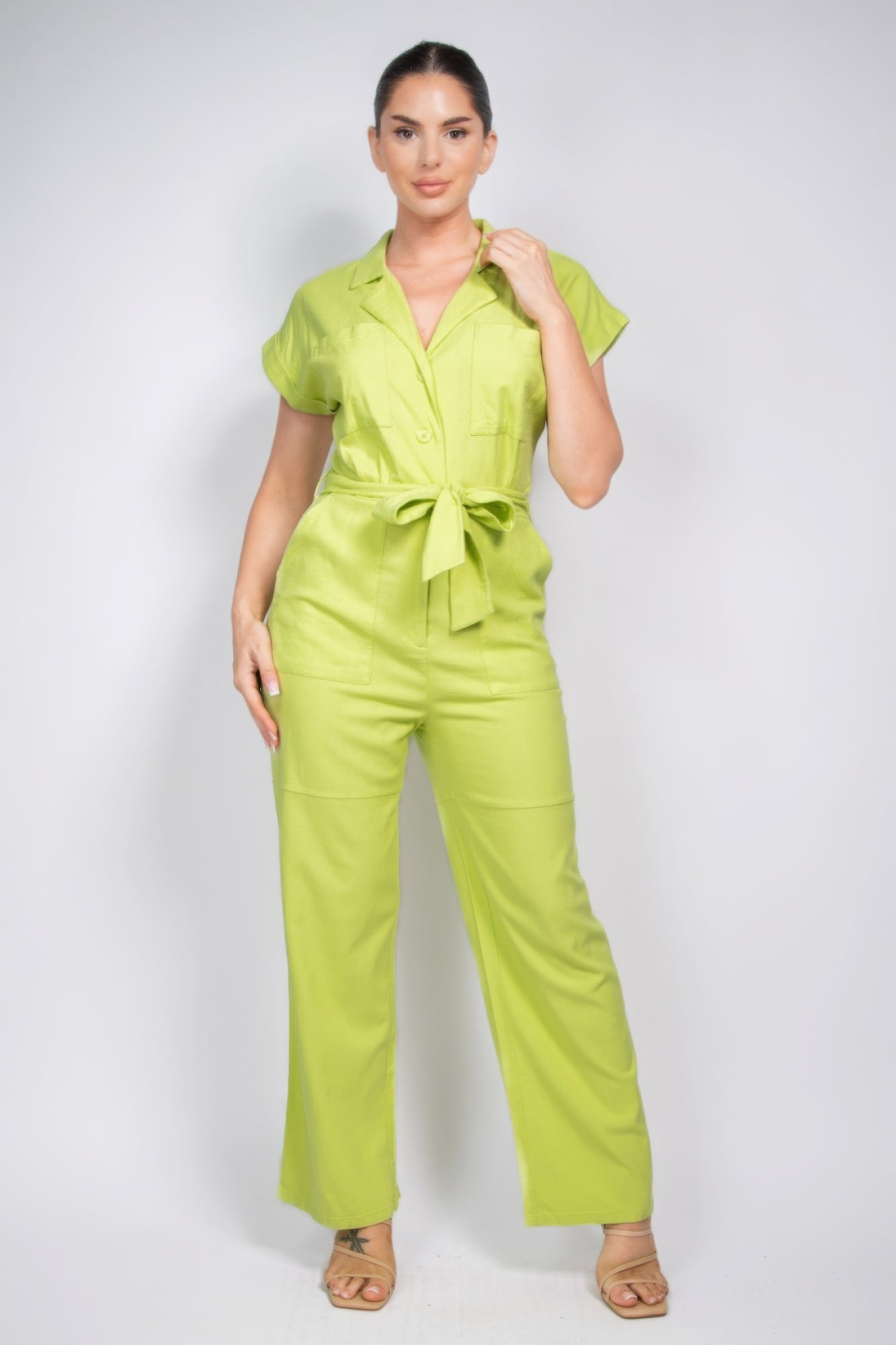 Belted Button-down Linen Jumpsuit - Stormyjay