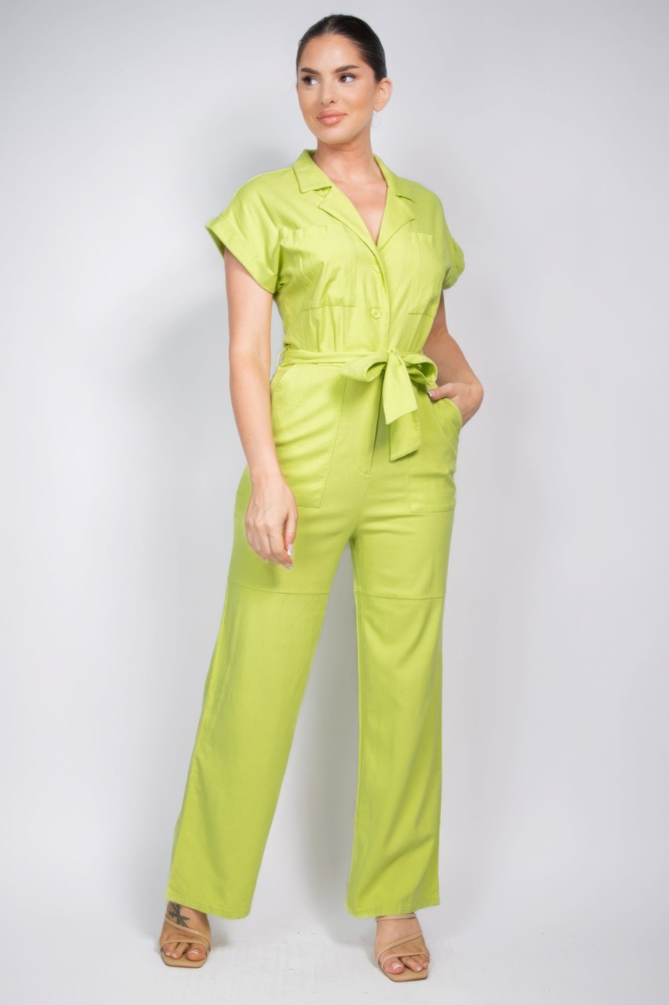 Belted Button-down Linen Jumpsuit - Stormyjay