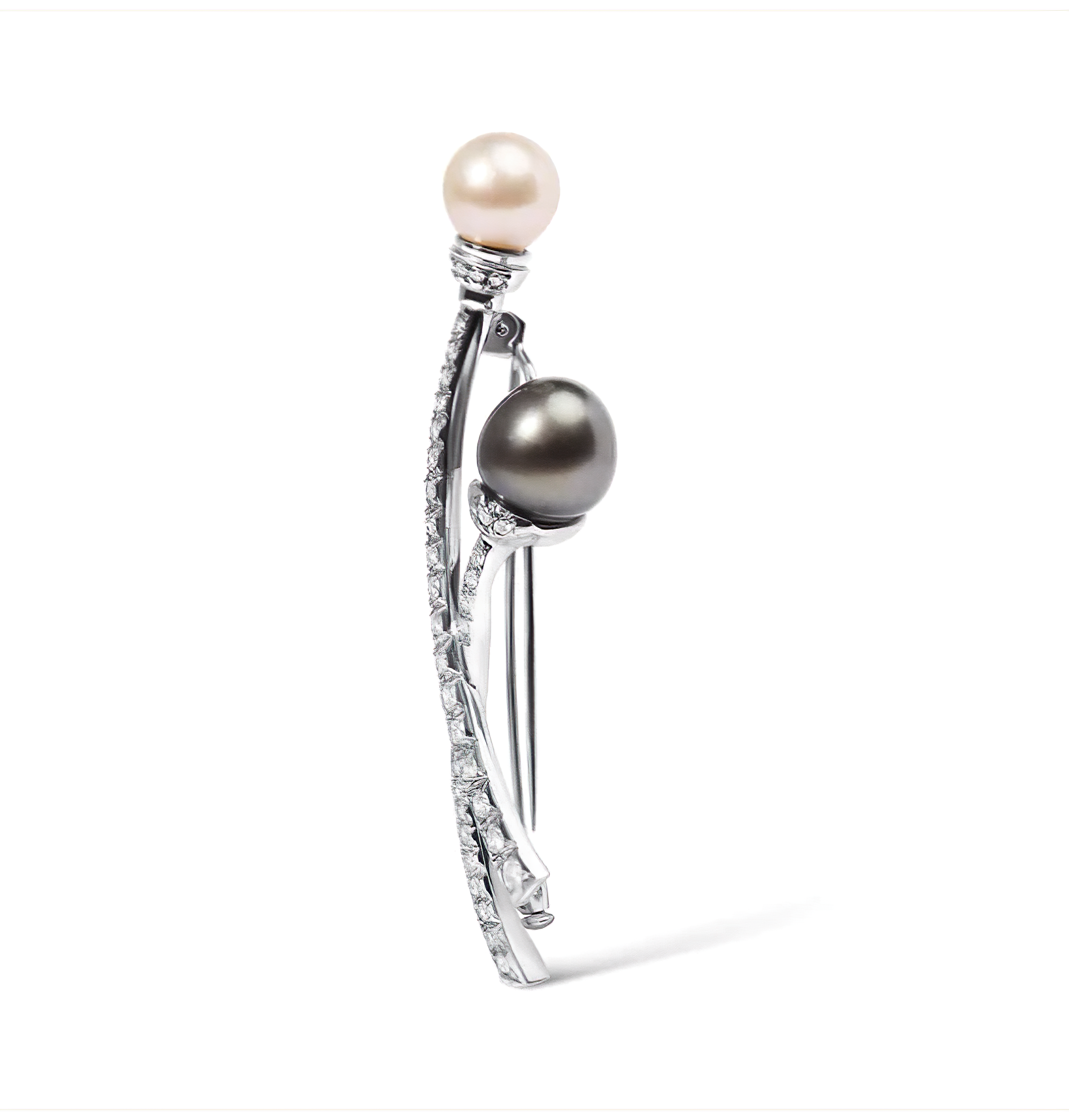 18K White Gold 3/5 Cttw Diamond and Cultured South Sea Black and White Pearl Brooch Pin (H-I Color, VS1-VS2 Clarity) - Stormyjay