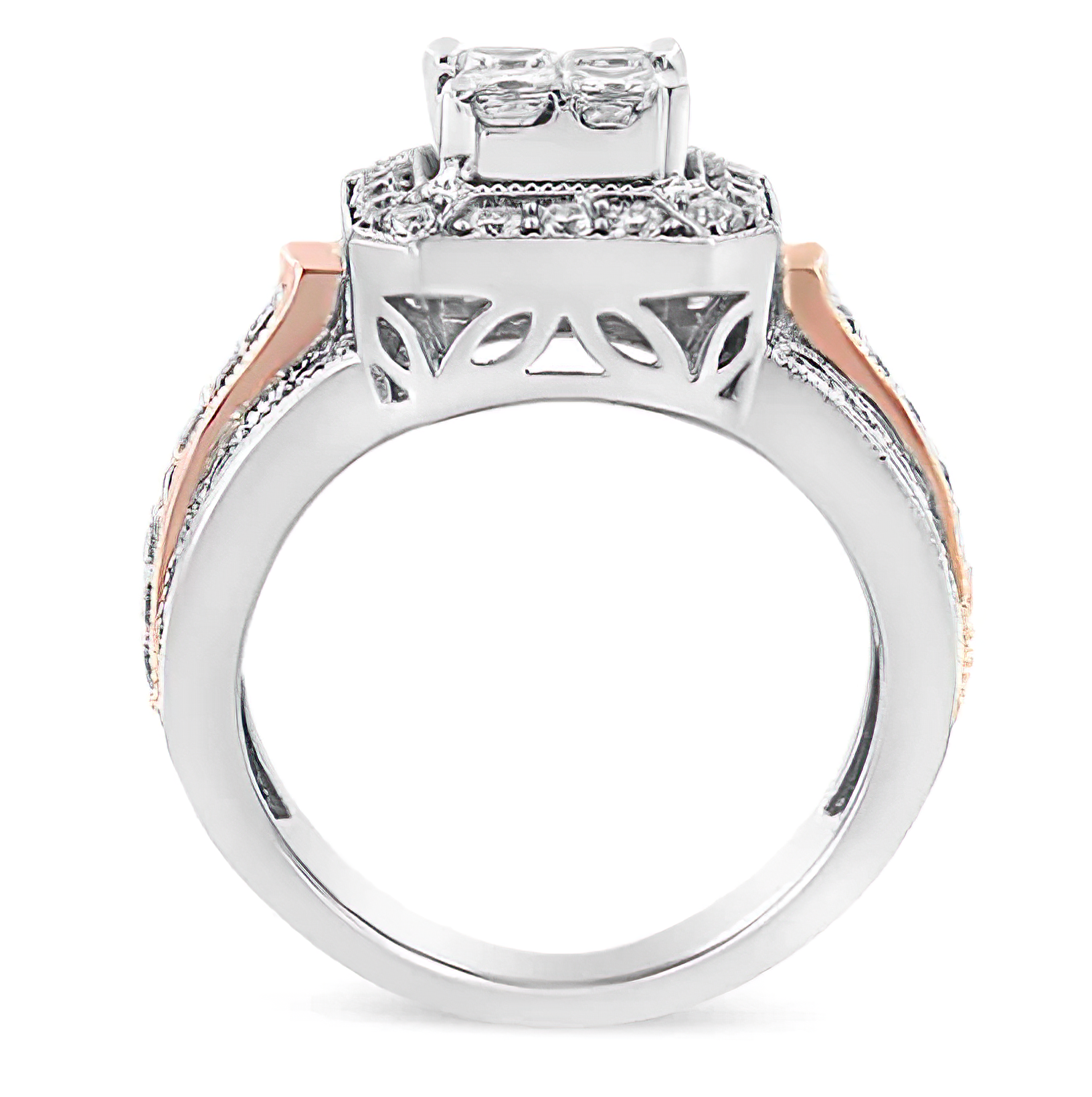 14K White and Rose Gold 1 1/8 Cttw Princess and Round-Cut Diamond Art Deco Style Triple Shank Halo Cocktail Ring (I-J Color, SI2-I1 Clarity) - Stormyjay