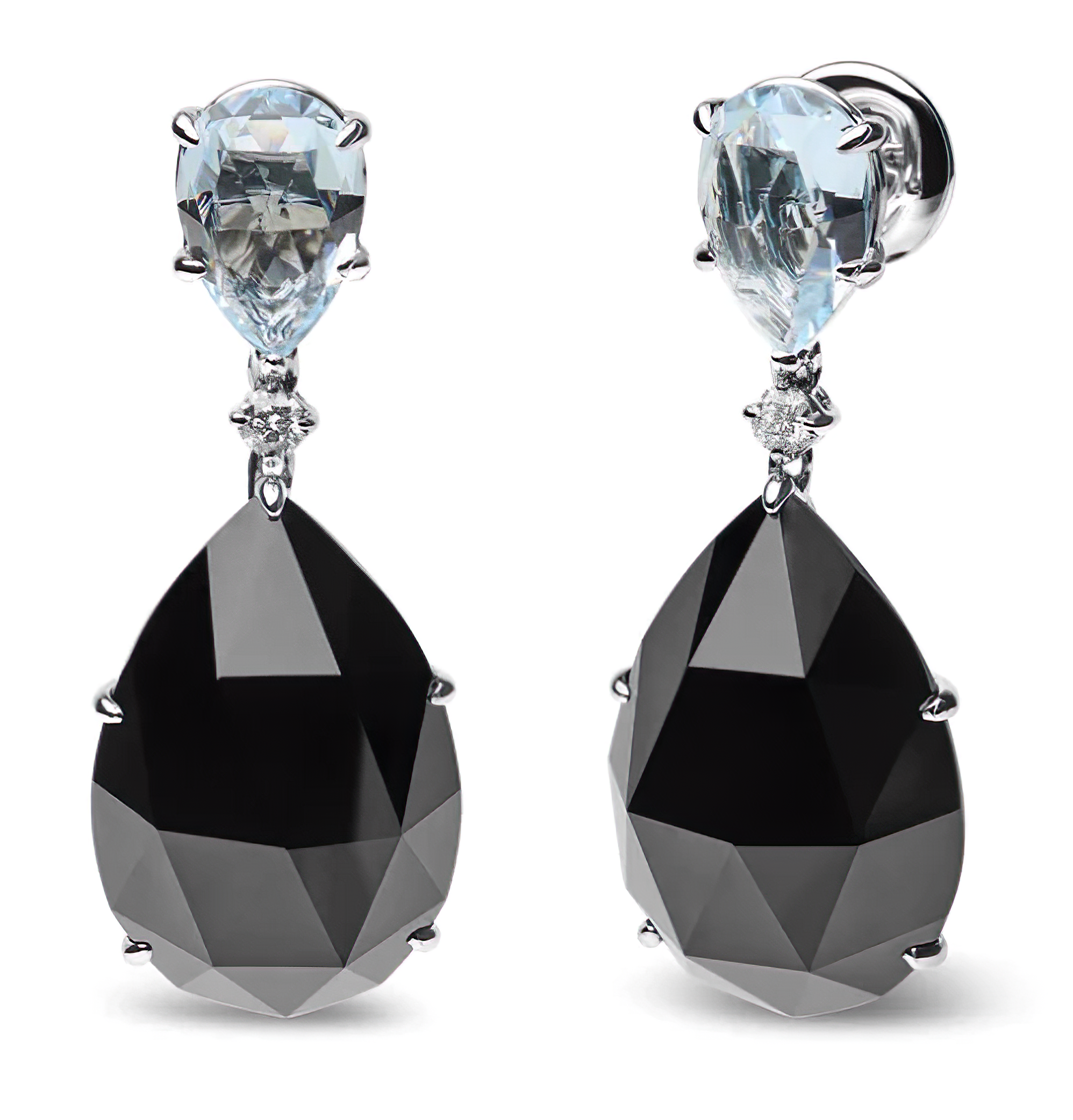 18K White Gold 1/5 Cttw Diamond with Pear Cut Sky Blue Topaz and Pear-Cut Black Onyx Gemstone Dangle Earring (G-H Color, SI1-SI2 Clarity) - Stormyjay