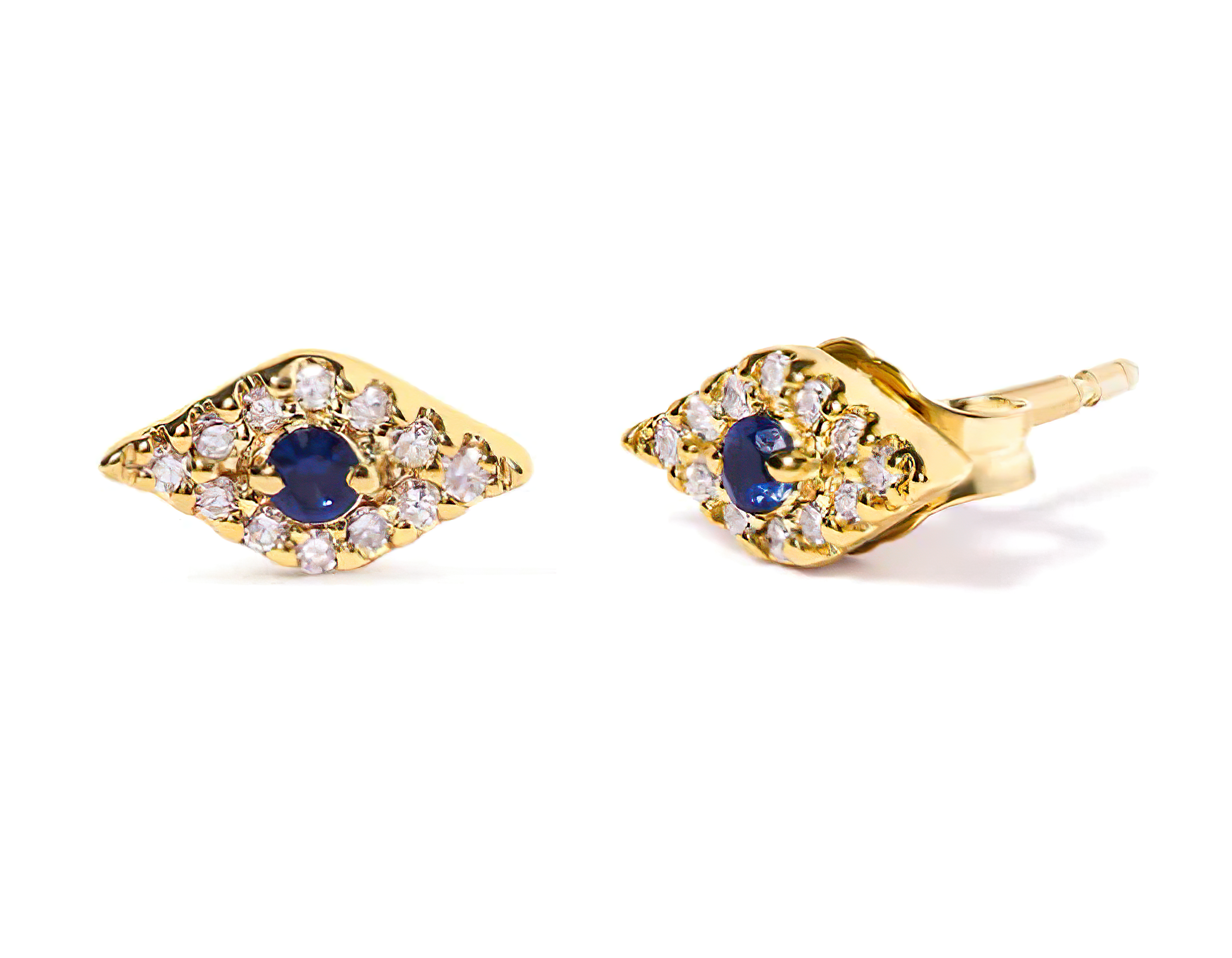 10K Yellow Gold Blue Sapphire and Diamond Accent Evil Eye Stud Earring (H-I Color, I1-I2 Clarity) - Stormyjay