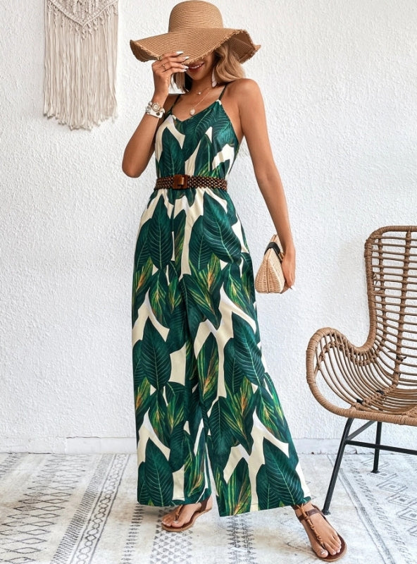 Tropical Print Wide Leg Cami One Piece Spring Jumpsuit Without Belt - Stormyjay