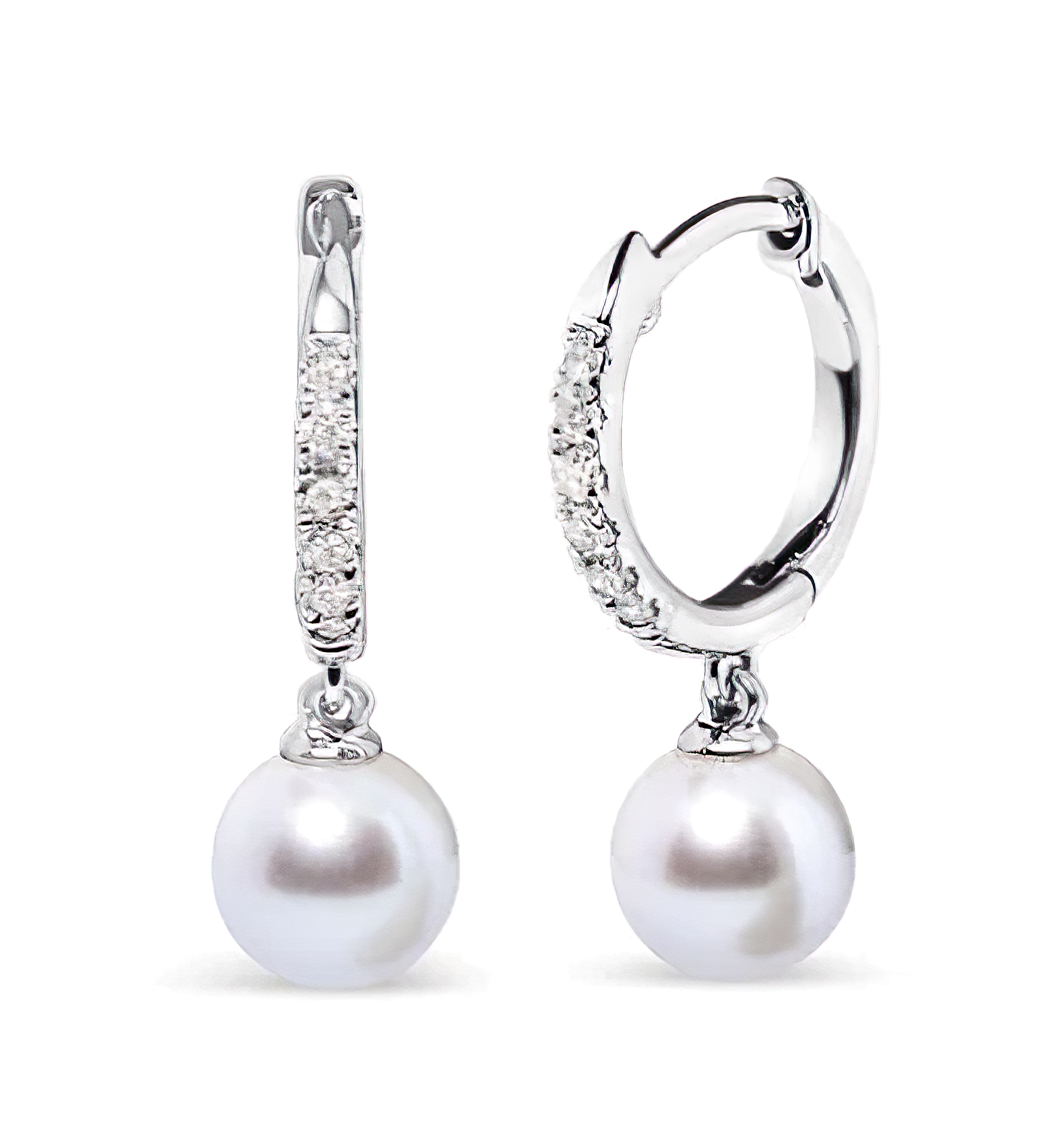 10K White Gold 6x6 MM Cultured Freshwater Pearl and Diamond Accent Drop Huggy Earring (H-I Color, I1-I2 Clarity) - Stormyjay