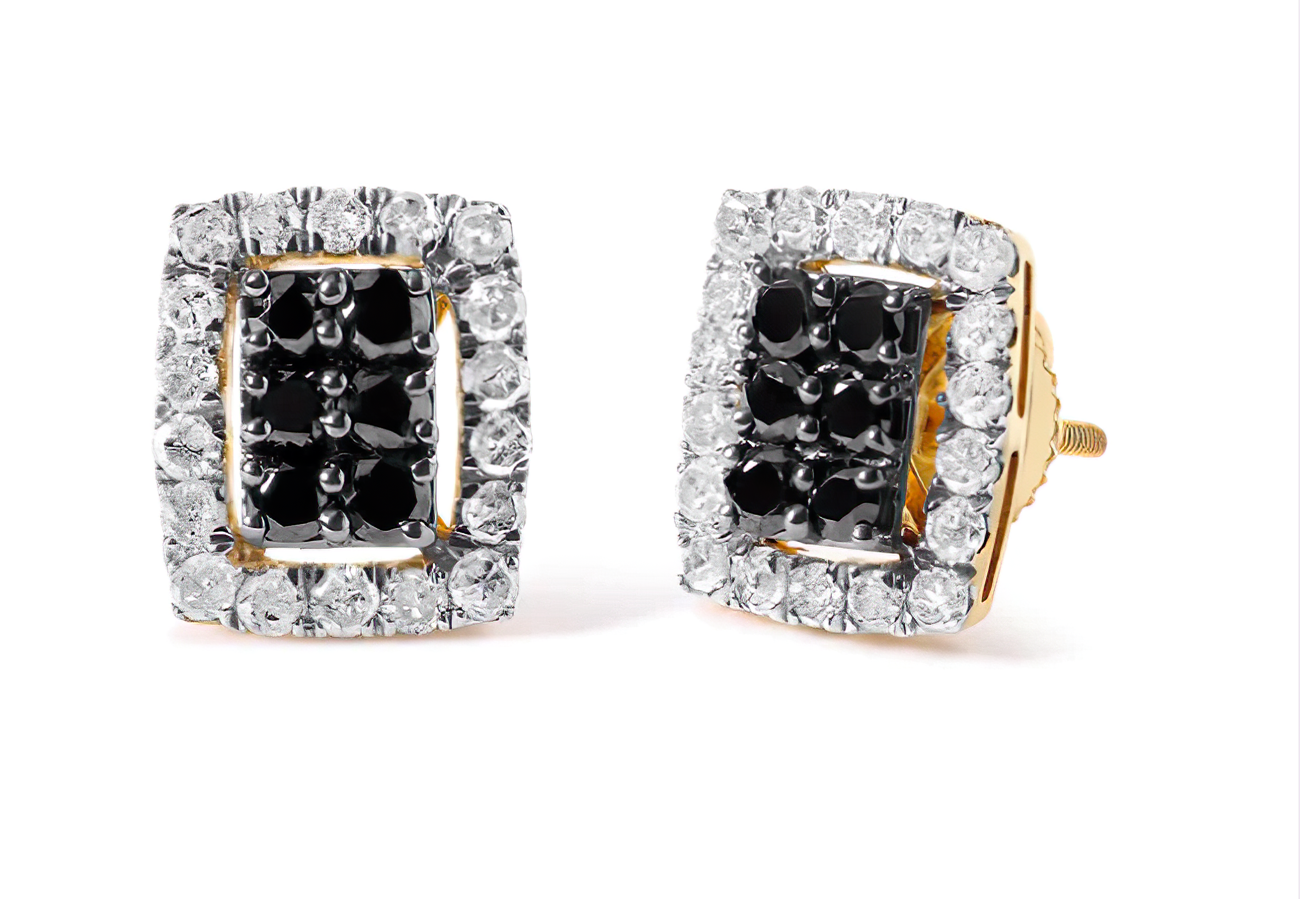 Men's 10K Yellow Gold 1.00 Cttw White and Black Diamond Emerald Shape Halo Stud Earring (Black / I-J Color, I2-I3 Clarity) - Stormyjay