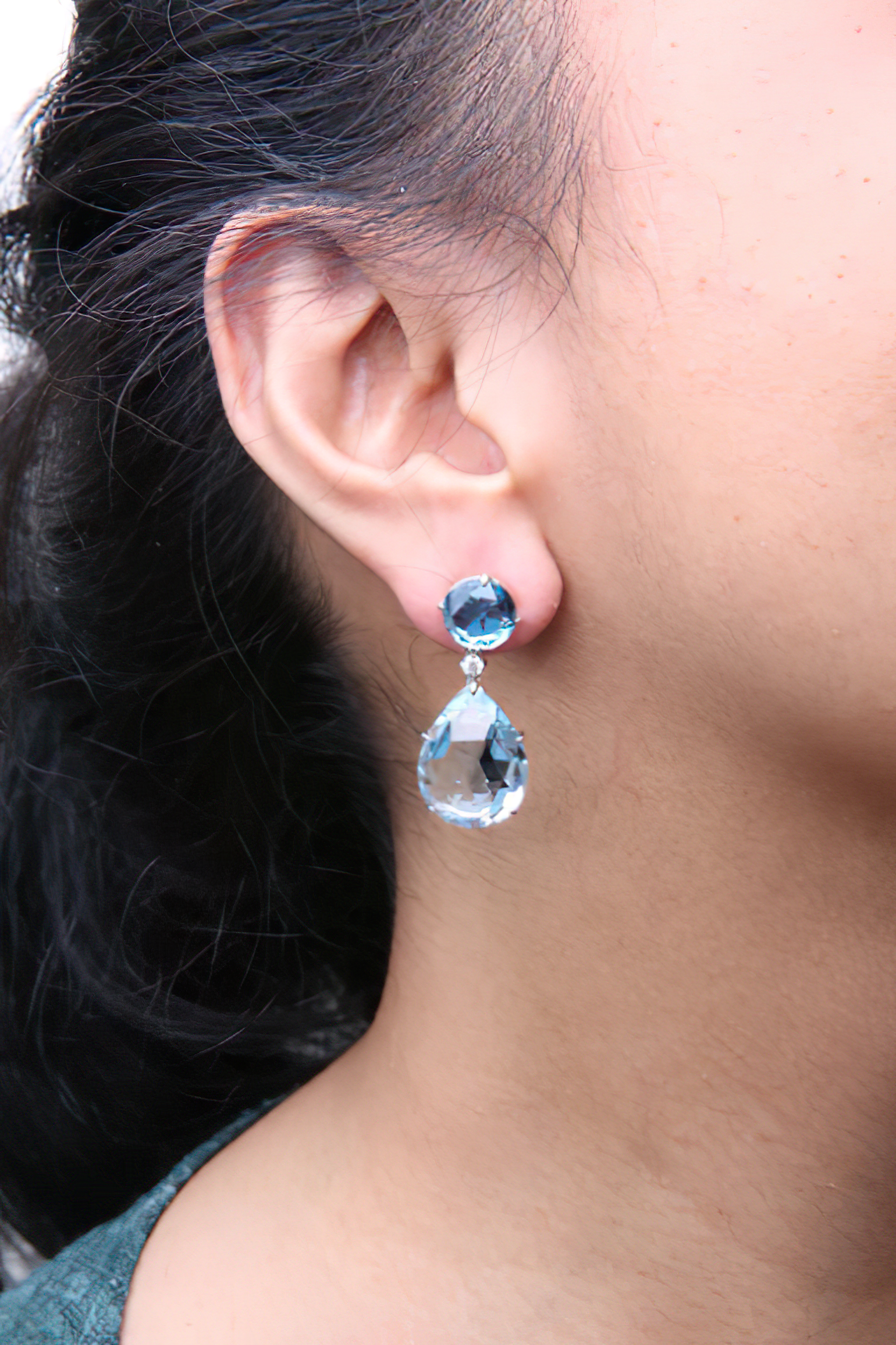 18K White Gold 1/5 Cttw Diamond with Round London Blue Topaz and 20 x 15mm Pear Cut Sky Blue Topaz Gemstone Dangle Earring (G-H Color, SI1-SI2 Clarity) - Stormyjay