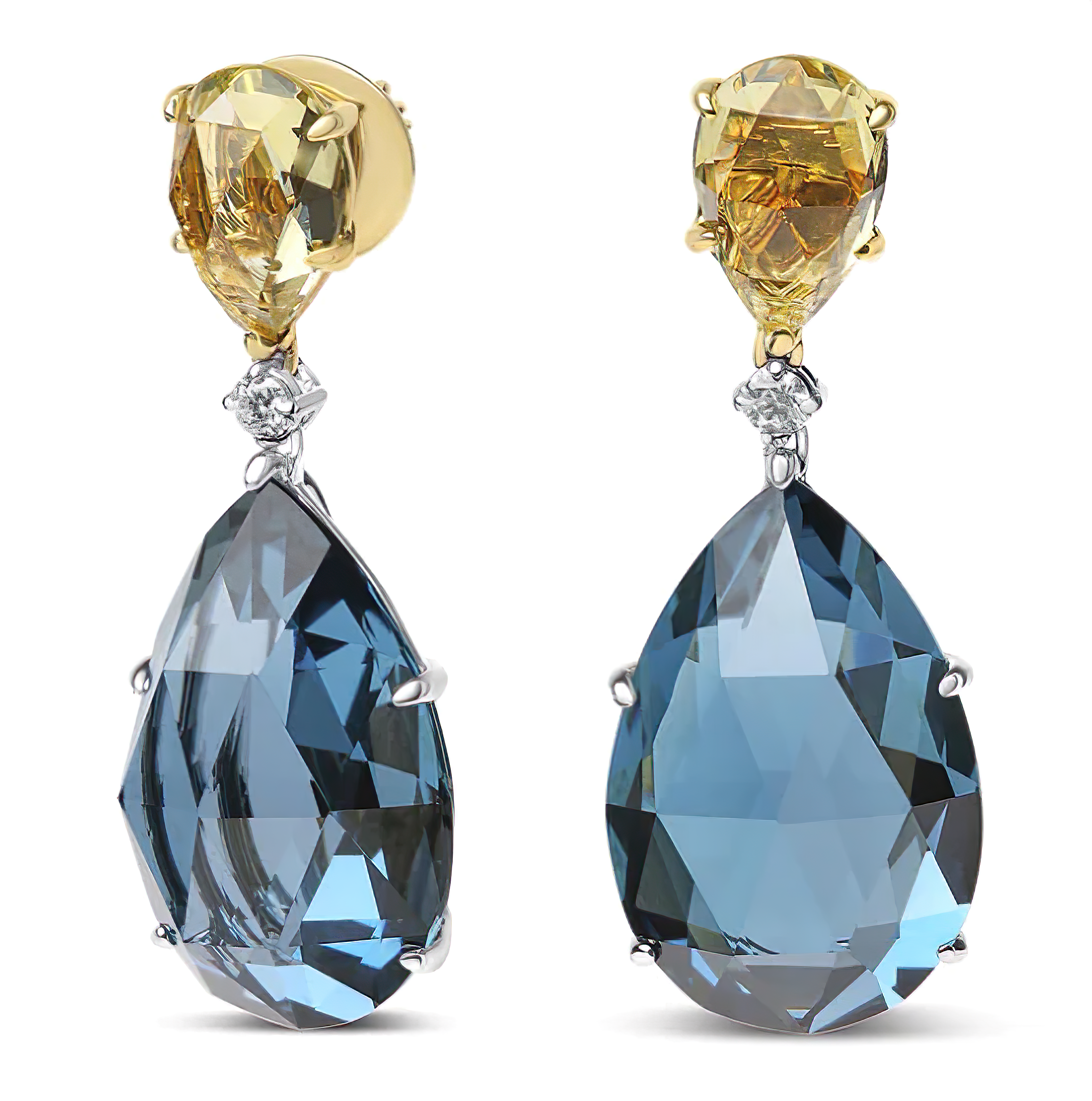 18K White and Yellow Gold 1/5 Cttw Diamond with Pear Cut Lemon Quartz and Pear Cut London Blue Topaz Gemstone Dangle Earring (G-H Color, SI1-SI2 Clarity) - Stormyjay