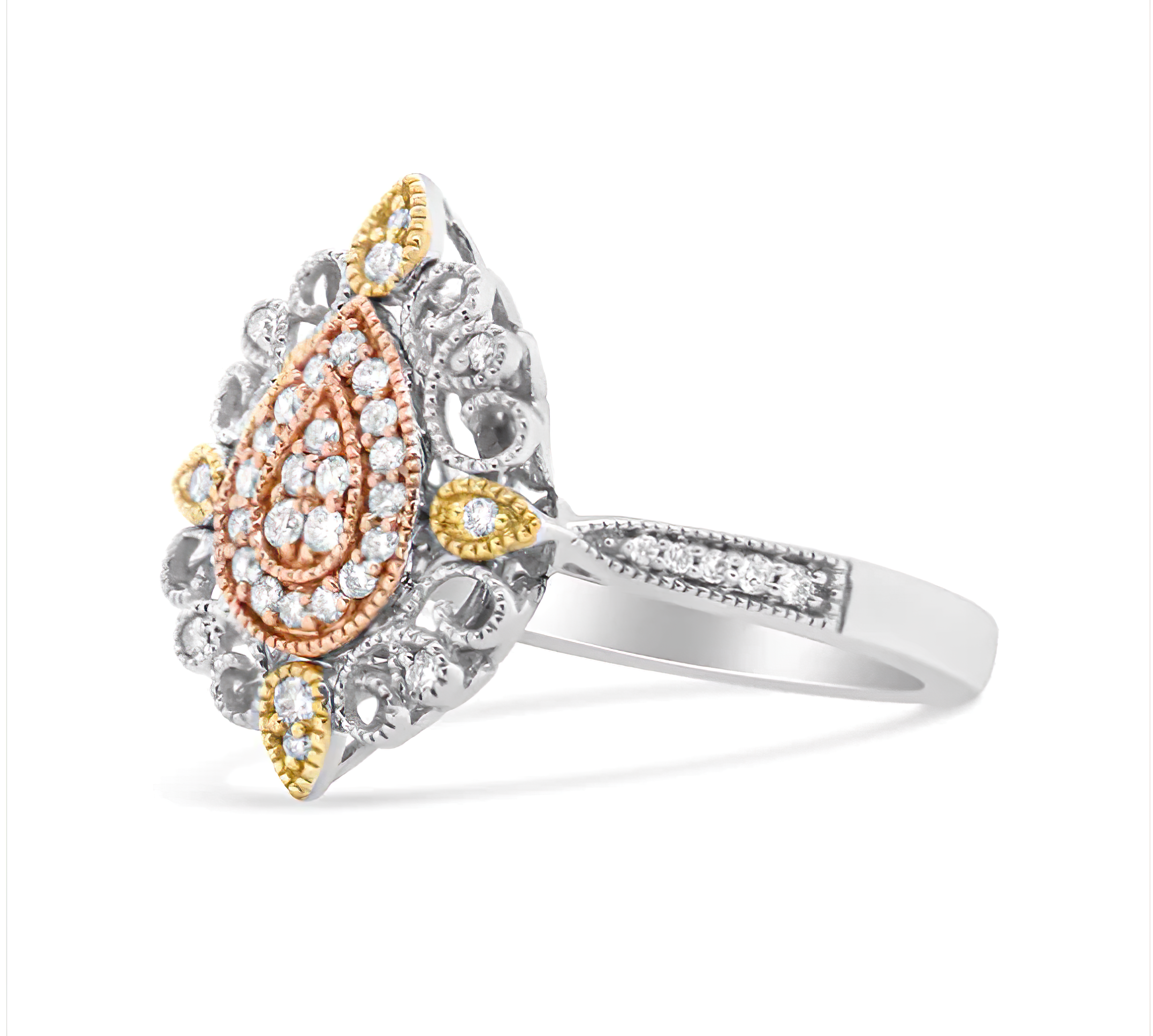 14K Tri Gold 1/4 Cttw Diamond Art Deco Style Halo Cocktail Ring (H-I Color, VS1-VS2 Clarity) - Stormyjay