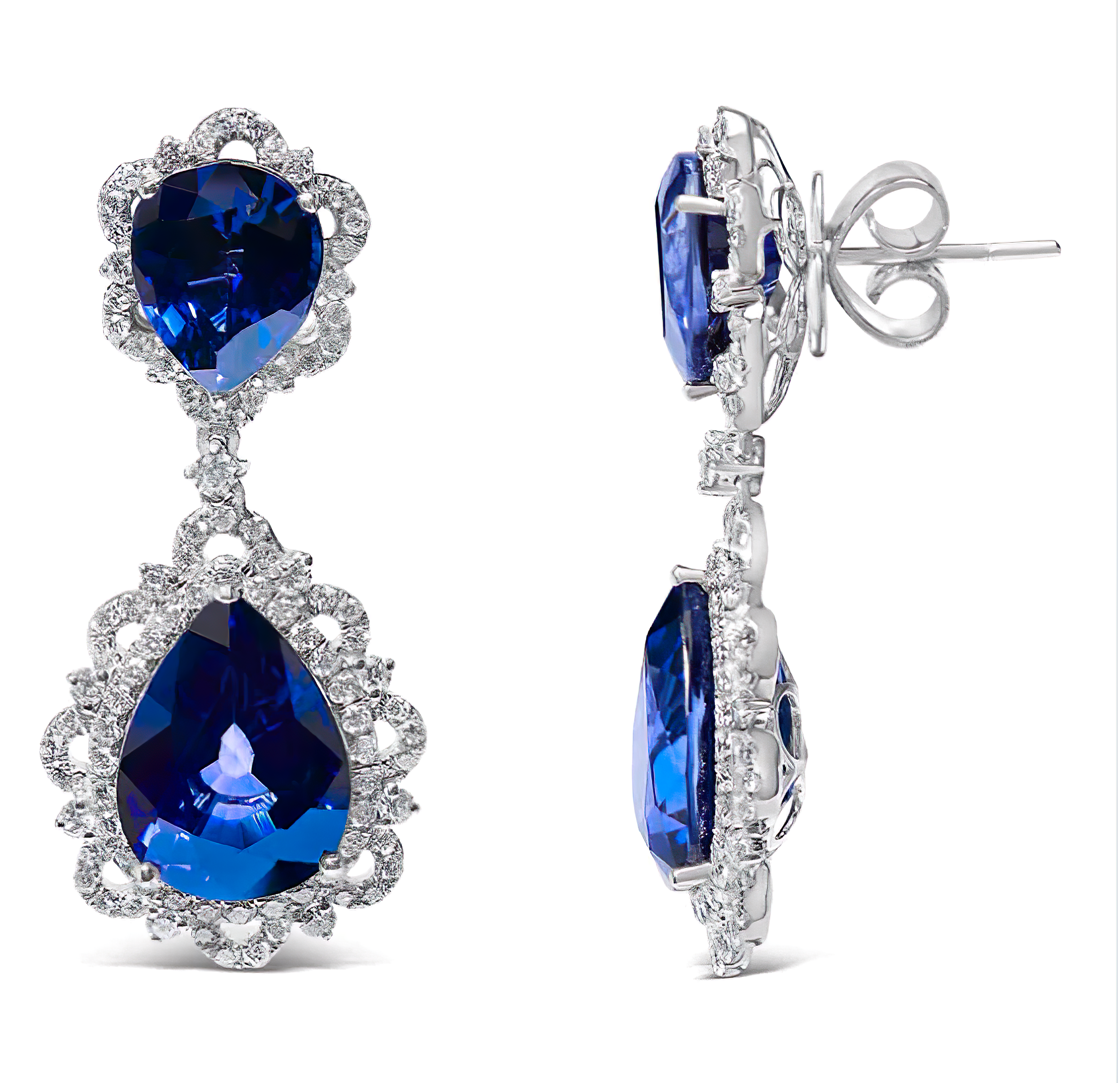 18K White Gold Blue Sapphire and Diamond 2.00 Cttw Diamond Halo Drop and Dangle Earring (G-H Color, SI1-SI2 Clarity) - Stormyjay