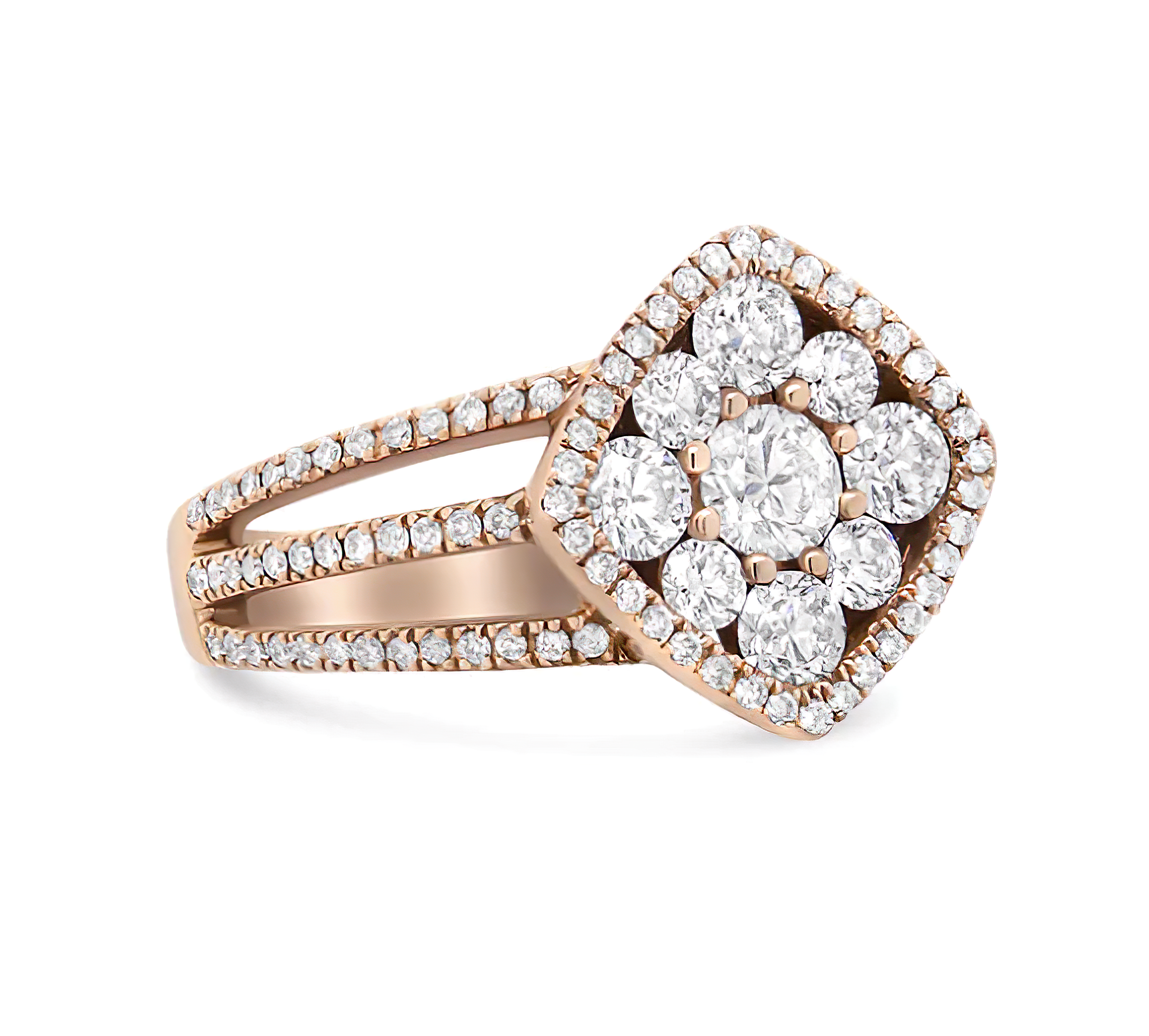 18K Rose Gold 1 1/4 Cttw Diamond Halo Cluster Split Shank Ring Band (F-G Color, VS1-VS2 Clarity) - Stormyjay