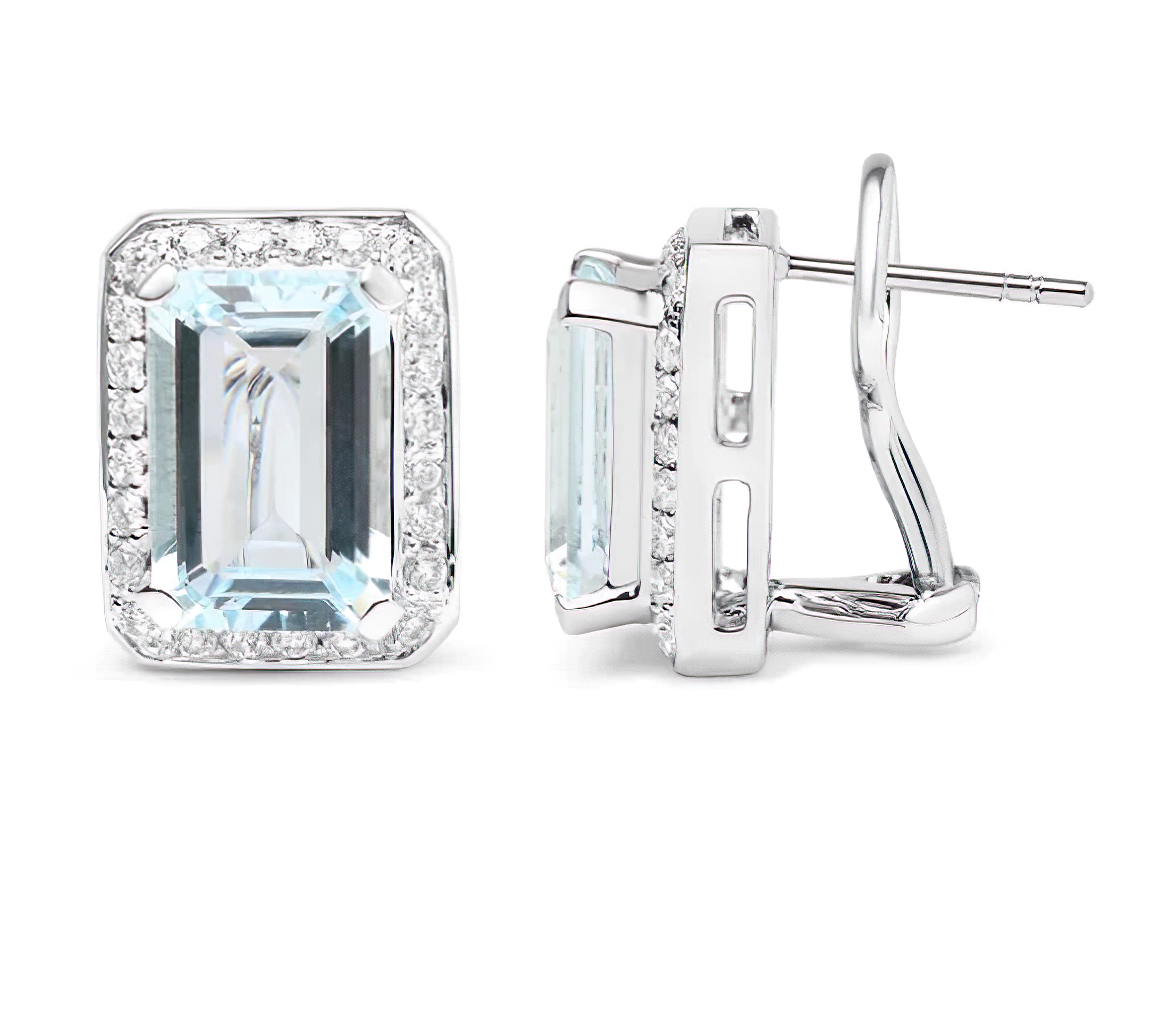 18K White Gold 3/4 Cttw Round Diamond and 13x9mm Emerald Cut Blue Aquamarine Gemstone Halo Omega Stud Earrings (G-H Color, SI1-SI2 Clarity) - Stormyjay