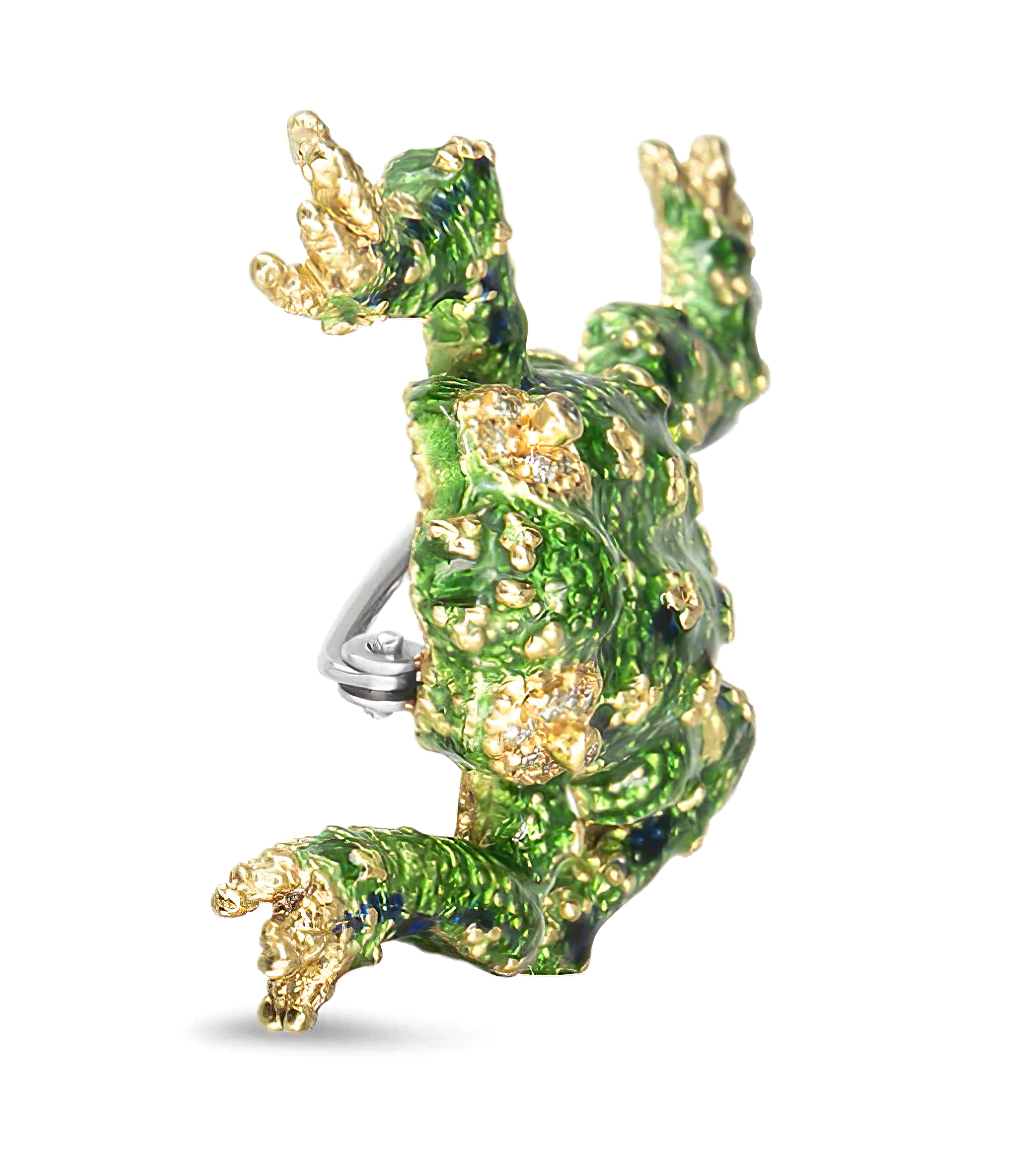 18K Yellow Gold 1/6 Cttw Diamond Green Frog Enamel Floral Brooch Pin (H-I Color, VS2-SI1 Clarity) - Stormyjay