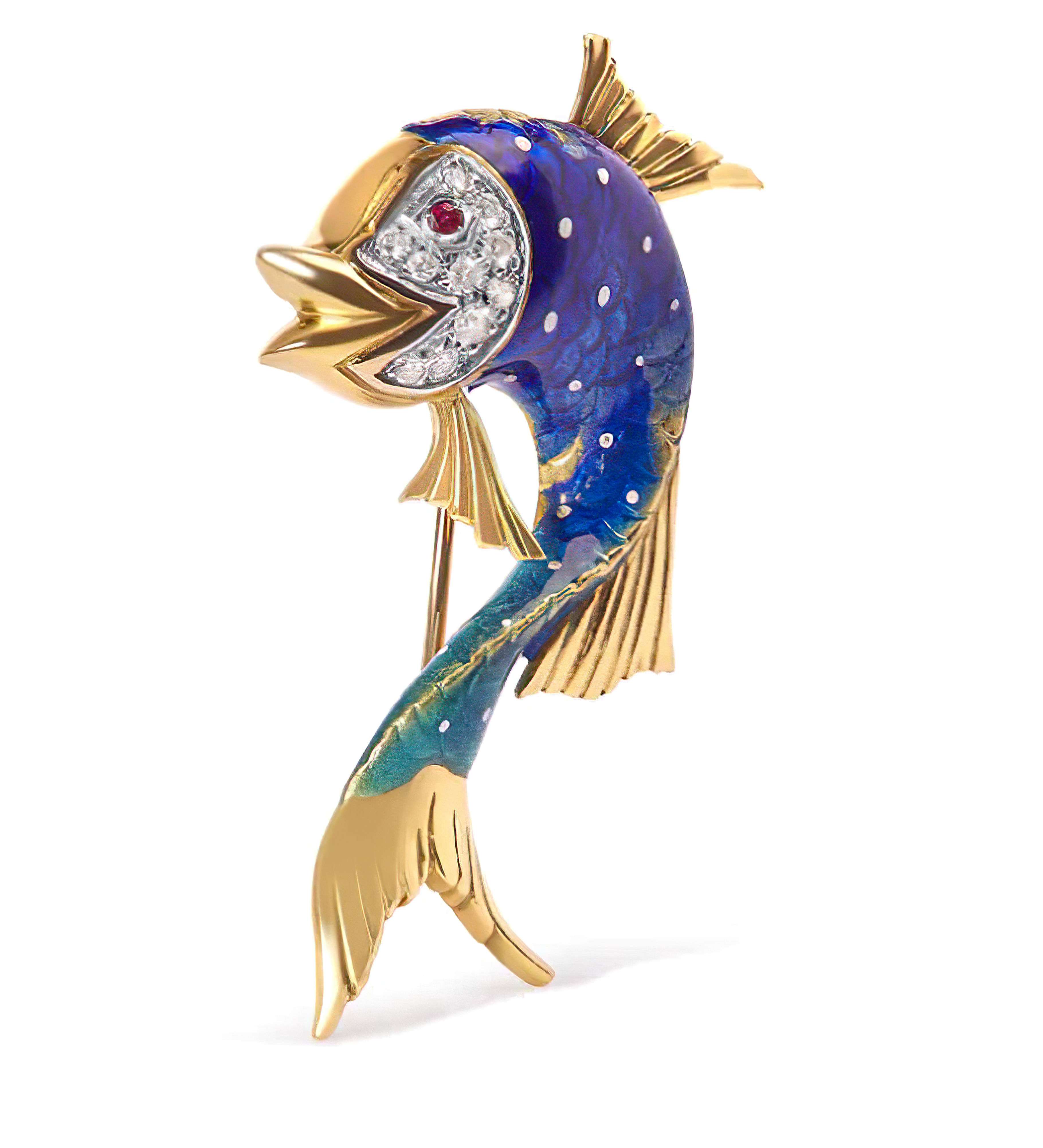 18K Yellow Gold and Blue Enamel Diamond and Pink Sapphire Fish Brooch Pin (H-I Color, VS2-SI1 Clarity) - Stormyjay