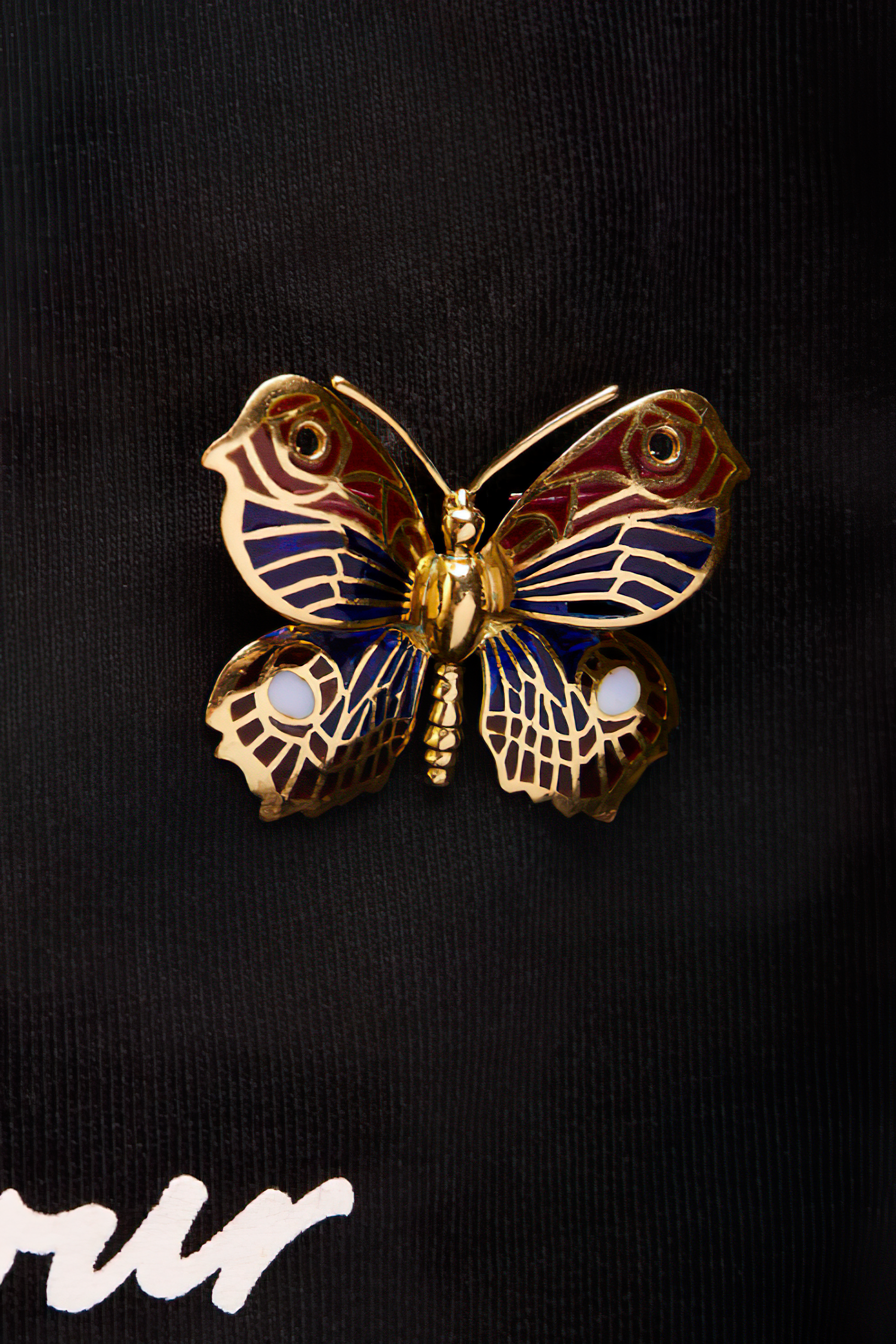 18K Yellow Gold Red, Blue, and White Enameled Butterfly Brooch Pin - Stormyjay