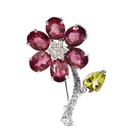 18K White Gold 1/3 Cttw Diamond, Pink Tourmaline, and Green Peridot Flower and Leaf Tulip Brooch Pin (H-I Color, VS2-SI1) - Stormyjay