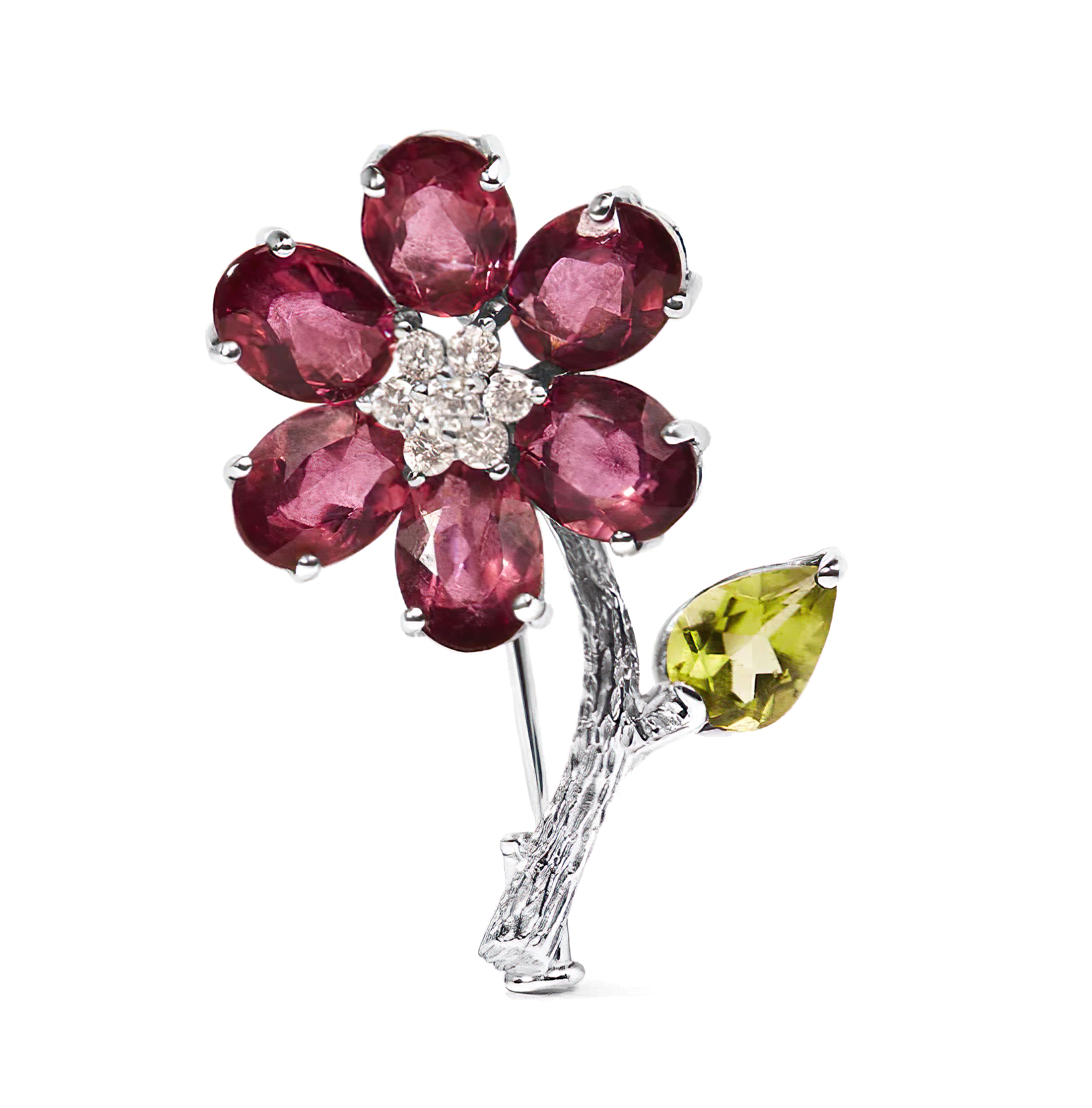 18K White Gold 1/3 Cttw Diamond, Pink Tourmaline, and Green Peridot Flower and Leaf Tulip Brooch Pin (H-I Color, VS2-SI1) - Stormyjay