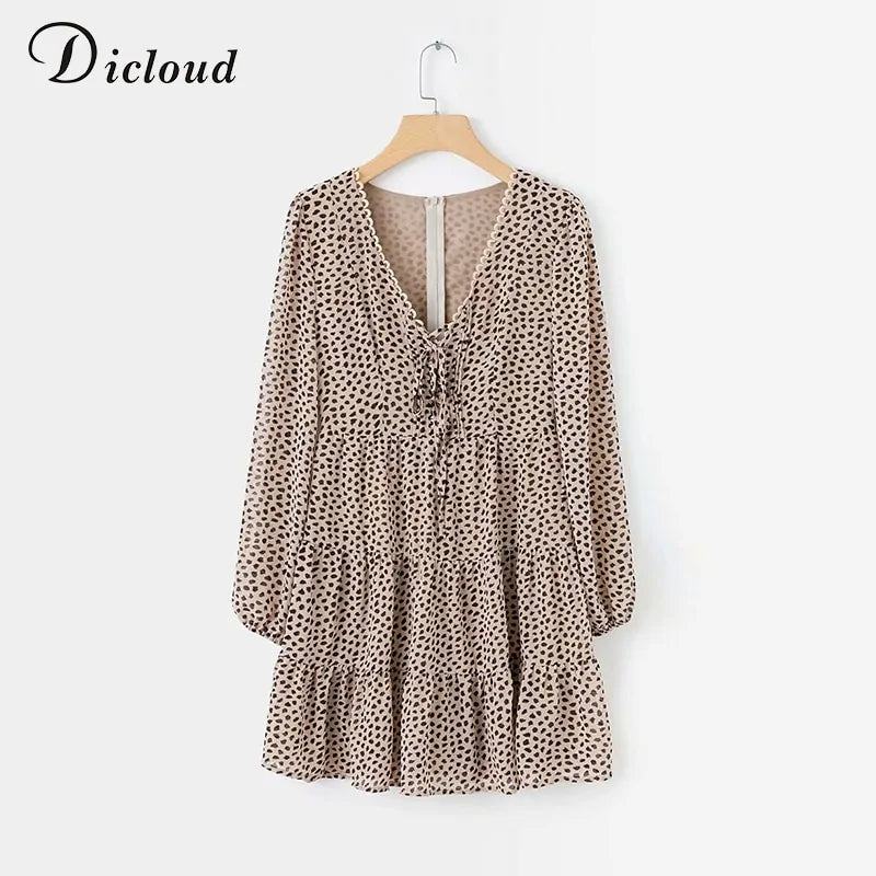 DICLOUD Sexy Leopard V Neck Dresses Women Spring Autumn Long Sleeve A Line Ruffles Sundress Chiffon Short Party Dress Female - Stormyjay