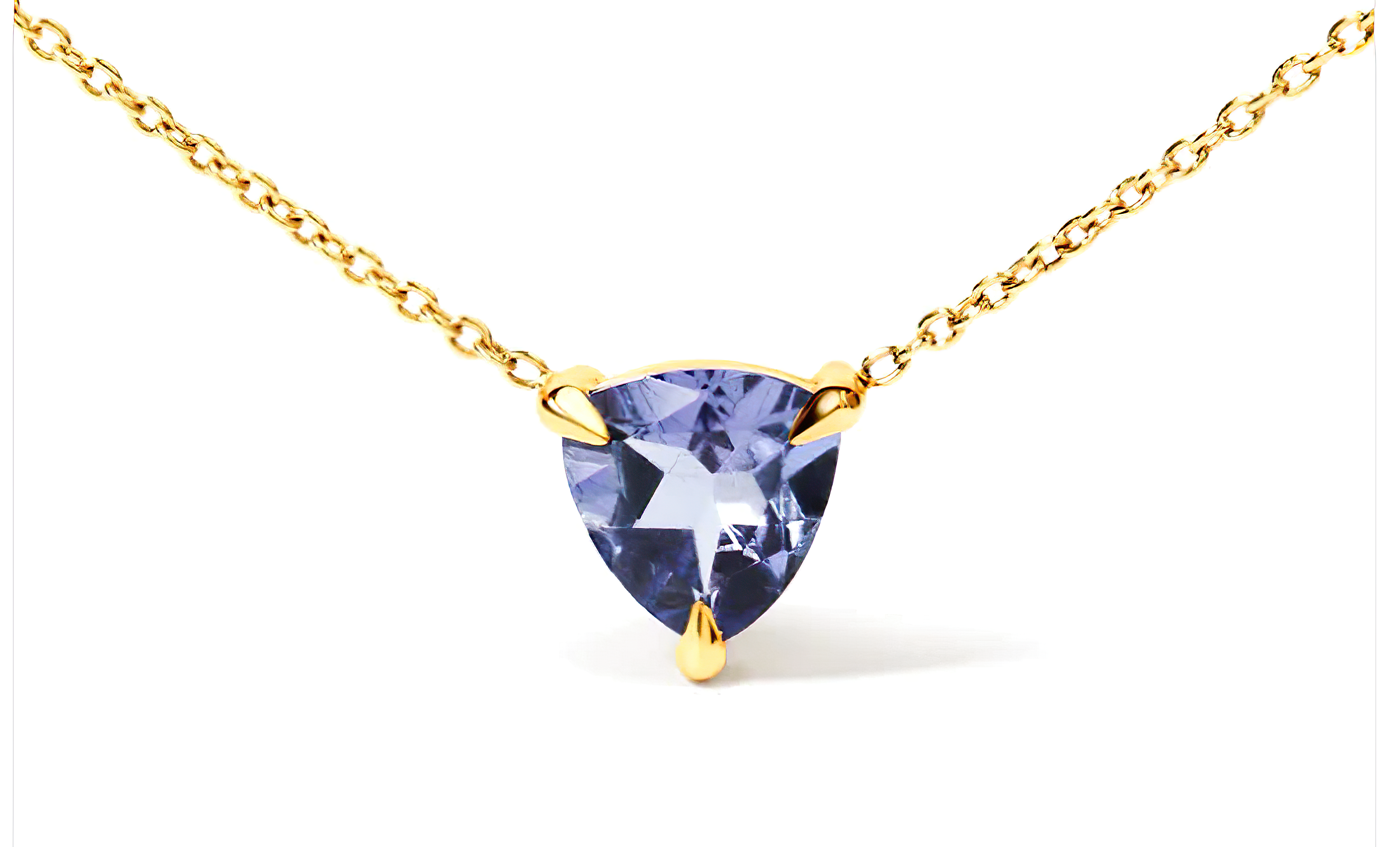 14k Yellow Gold 3-Prong Martini Set Blue Tanzanite Trillion Solitaire 18" Pendant Necklace - Stormyjay