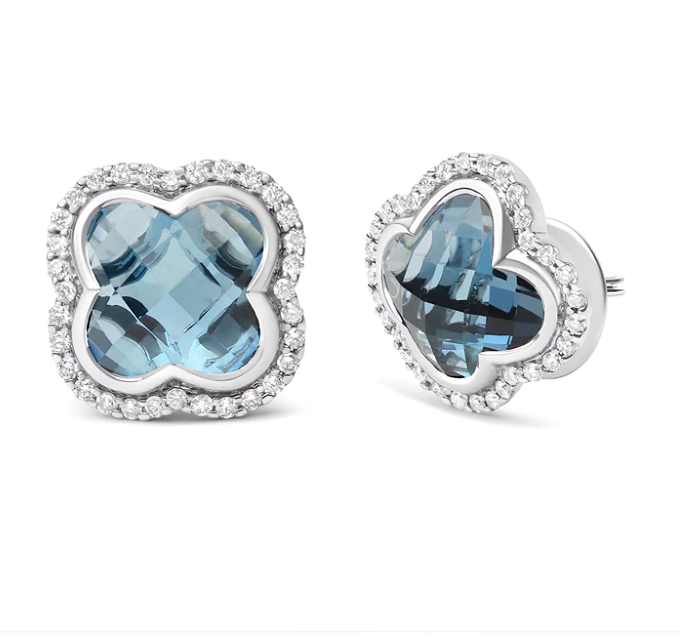 18K White Gold 3/8 Cttw Diamond and 11x11mm Clover-Cut London Blue Topaz Gemstone Halo Clover Stud Earrings (G-H Color, SI1-SI2 Clarity) - Stormyjay