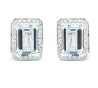 18K White Gold 3/4 Cttw Round Diamond and 13x9mm Emerald Cut Blue Aquamarine Gemstone Halo Omega Stud Earrings (G-H Color, SI1-SI2 Clarity) - Stormyjay