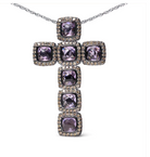 Black Rhodium Plated 18K Rose Gold 1 1/2 Cttw Brown Pave Diamonds and Cushion Cut Rose De France Amethyst Halo Cross 18" Pendant Necklace (Brown Color, SI1-SI2 Clarity) - Stormyjay