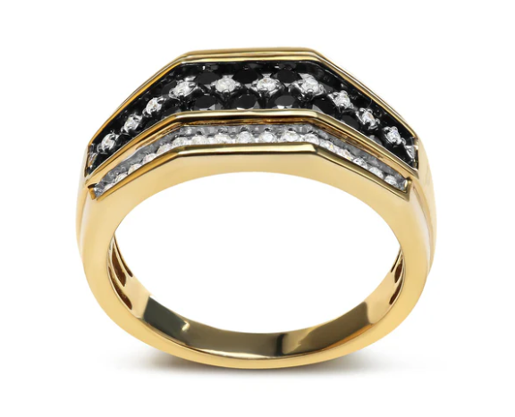 Men's 10K Yellow Gold 1 1/2 Cttw White and Black Treated Diamond Cluster Ring (Black / I-J Color, I2-I3 Clarity) - Stormyjay