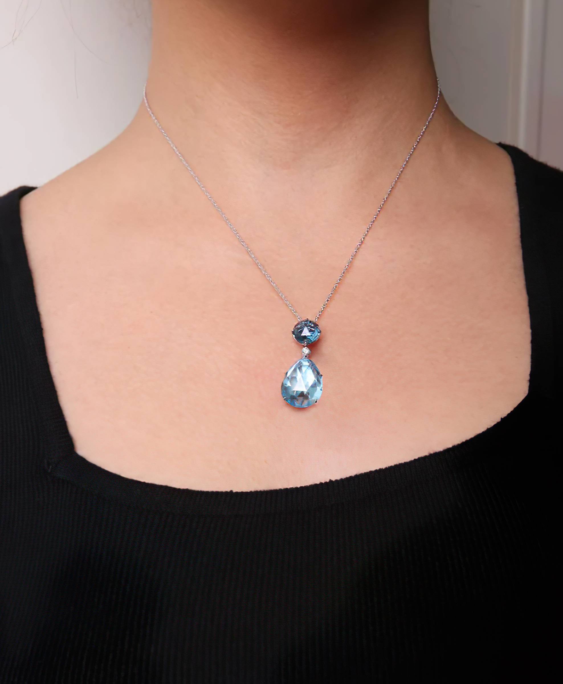 18K White Gold Diamond Accent and Round London Blue Topaz and Pear Cut Sky Blue Topaz Dangle Drop 18" Pendant Necklace (G-H Color, SI1-SI2 Clarity) - Stormyjay