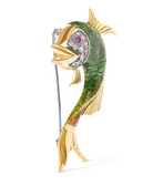 18K Yellow Gold and Green Enamel Diamond and Pink Sapphire Fish Brooch Pin (H-I Color, VS2-SI1 Clarity) - Stormyjay