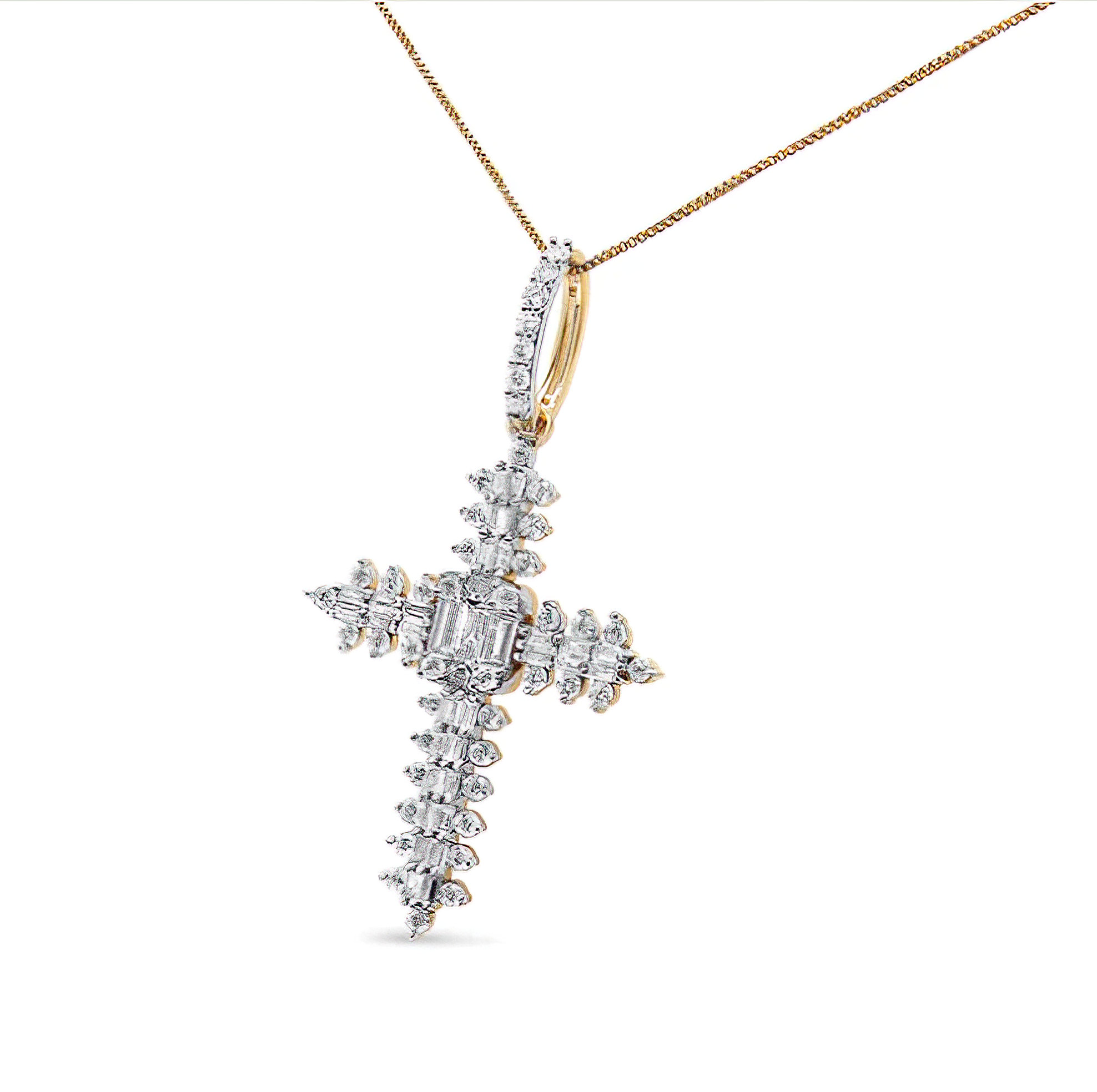 10K Yellow Gold 7/8 Cttw Round & Baguette Diamond Zigzag Pattern Cross Pendant Necklace (H-I Color, SI2-I1 Clarity) - NO CHAIN INCLUDED - Stormyjay