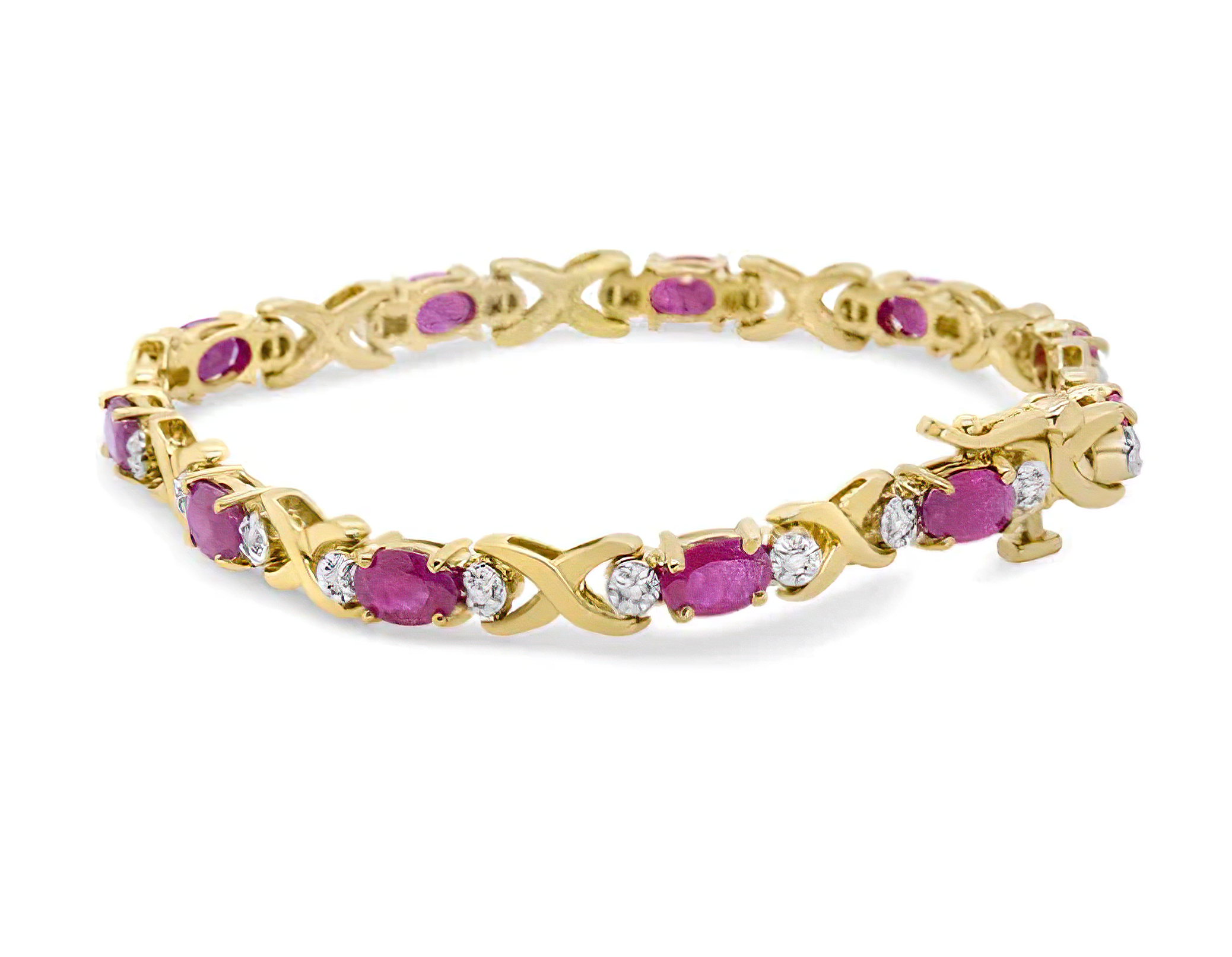 14K Yellow Gold 1/4 Cttw Diamond and Oval Red Ruby Alternating X Link Bracelet (I-J Color, I3 Clarity) - Stormyjay