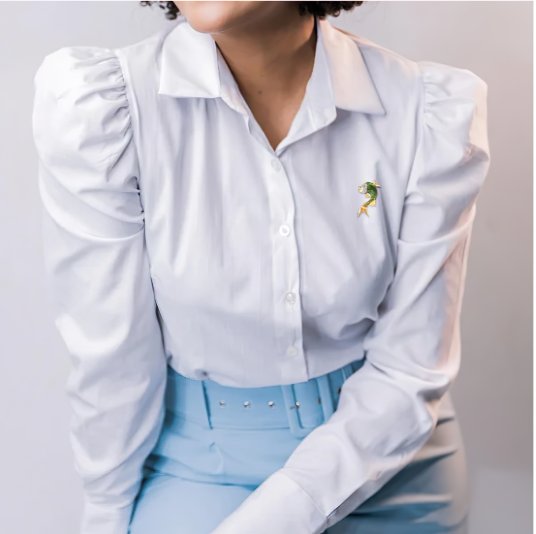 18K Yellow Gold and Green Enamel Diamond and Pink Sapphire Fish Brooch Pin (H-I Color, VS2-SI1 Clarity) - Stormyjay