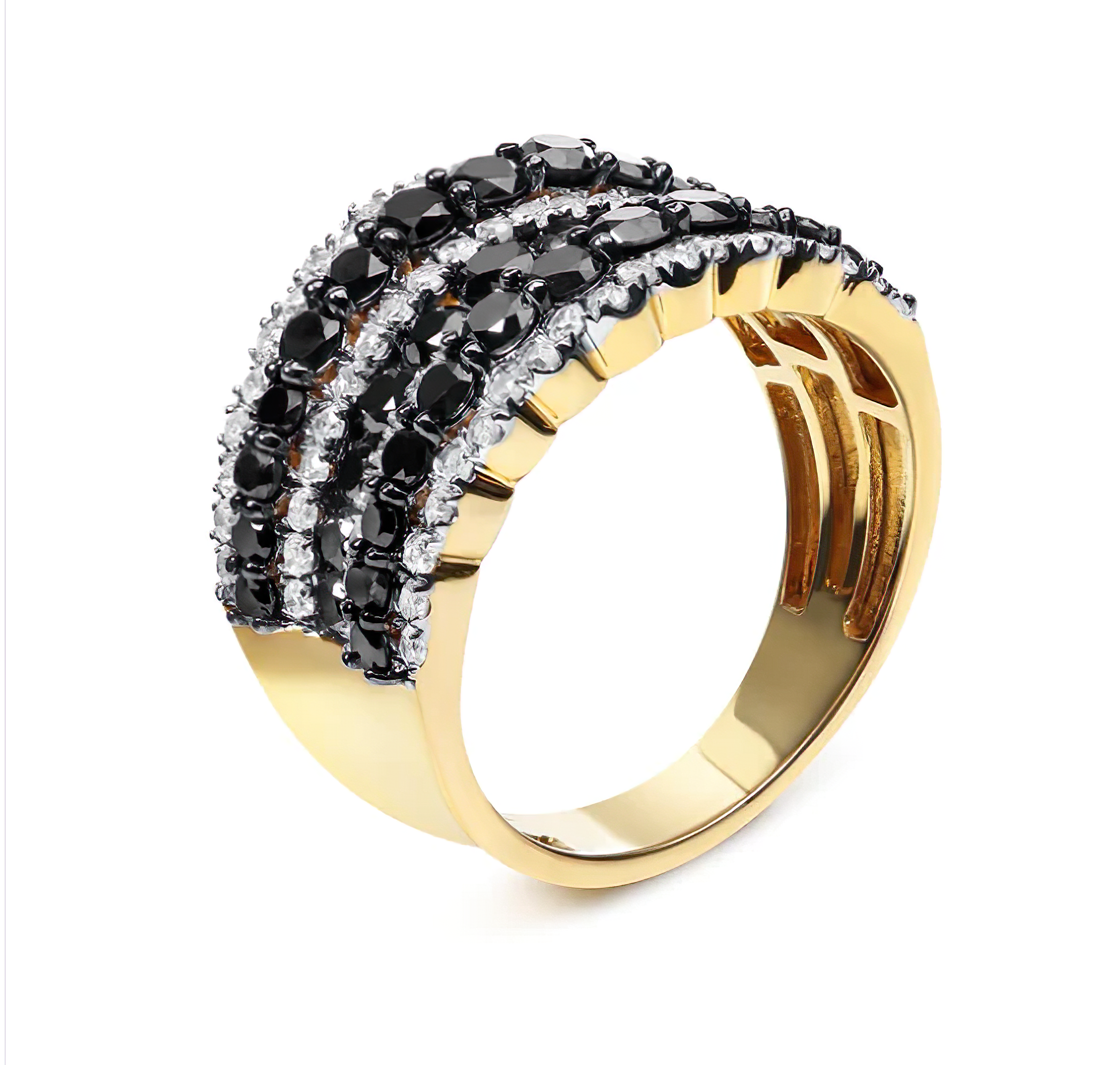 14K Yellow Gold Plated .925 Sterling Silver 1 3/4 Cttw Treated Black and White Alternating Diamond Multi Row Band Ring (Black / I-J Color, I2-I3 Clarity) - Stormyjay