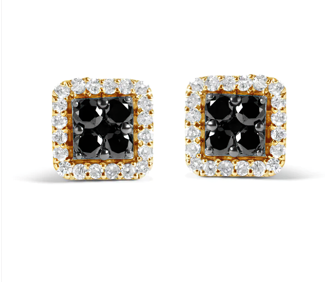 Men's 10K Yellow Gold 5/8 Cttw White and Black Treated Diamond Composite with Halo Stud Earring (Black / I-J, I2-I3 Clarity) - Stormyjay