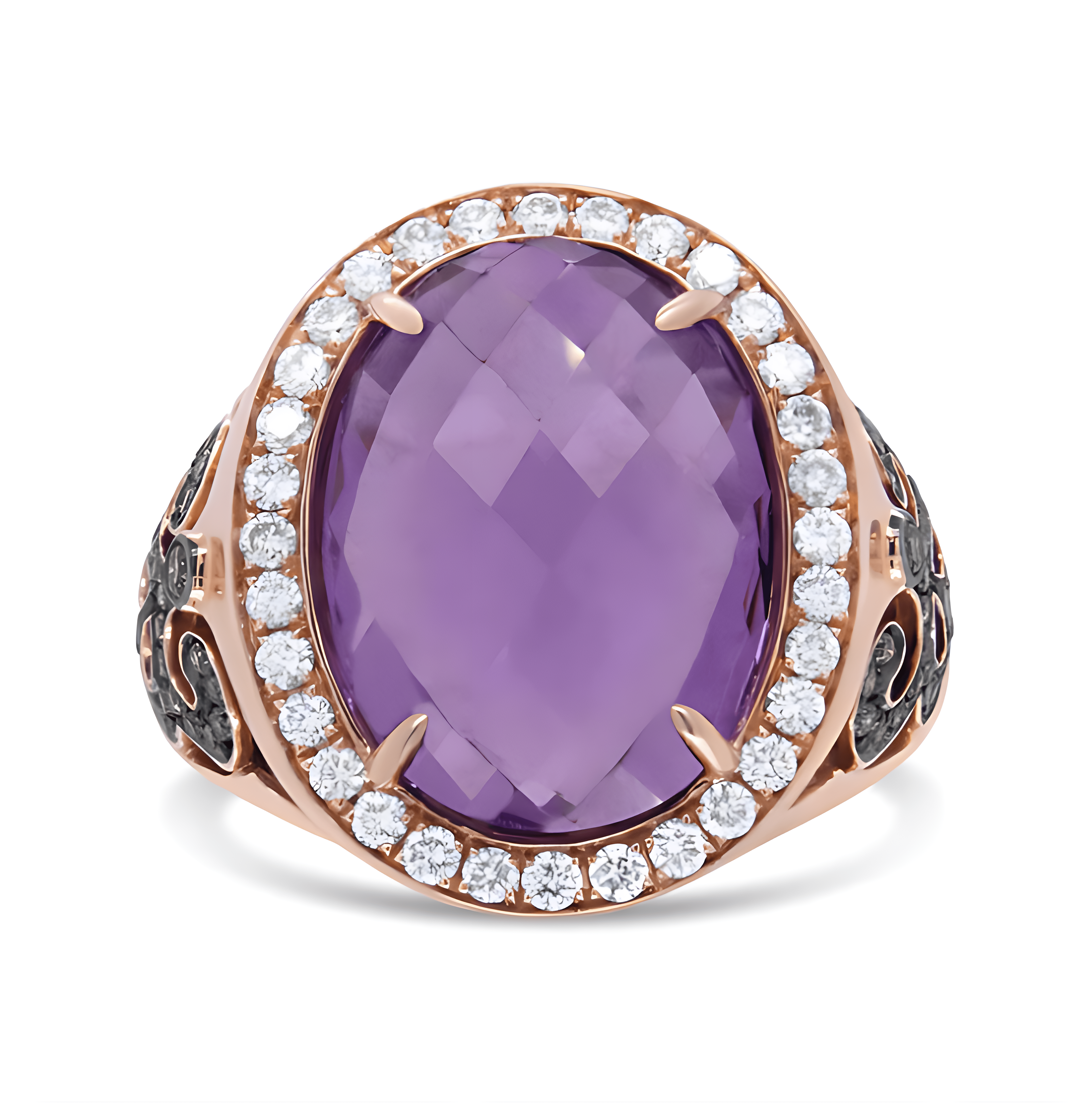 18K Rose Gold 18x13 MM Oval Cut Purple Amethyst and 1.00 Cttw Diamond Cocktail Ring (Champagne and F-G Color, VS1-VS2 Clarity) - Stormyjay