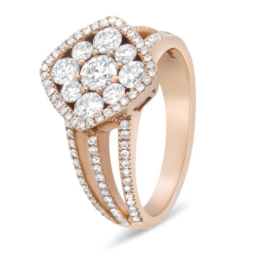 18K Rose Gold 1 1/4 Cttw Diamond Halo Cluster Split Shank Ring Band (F-G Color, VS1-VS2 Clarity) - Stormyjay