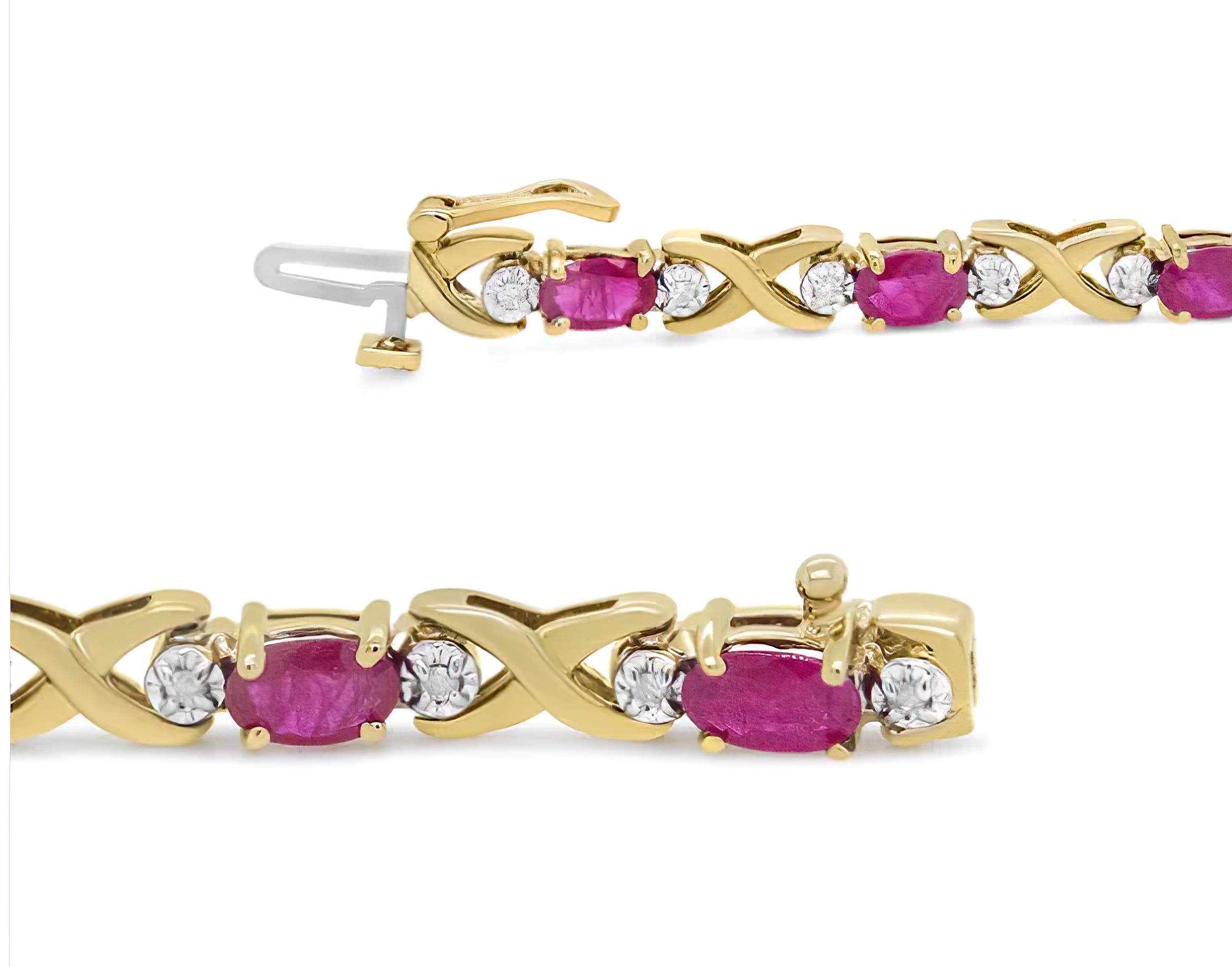 14K Yellow Gold 1/4 Cttw Diamond and Oval Red Ruby Alternating X Link Bracelet (I-J Color, I3 Clarity) - Stormyjay