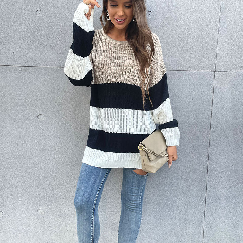 women's mid-length striped round neck knitted sweater - Stormyjay