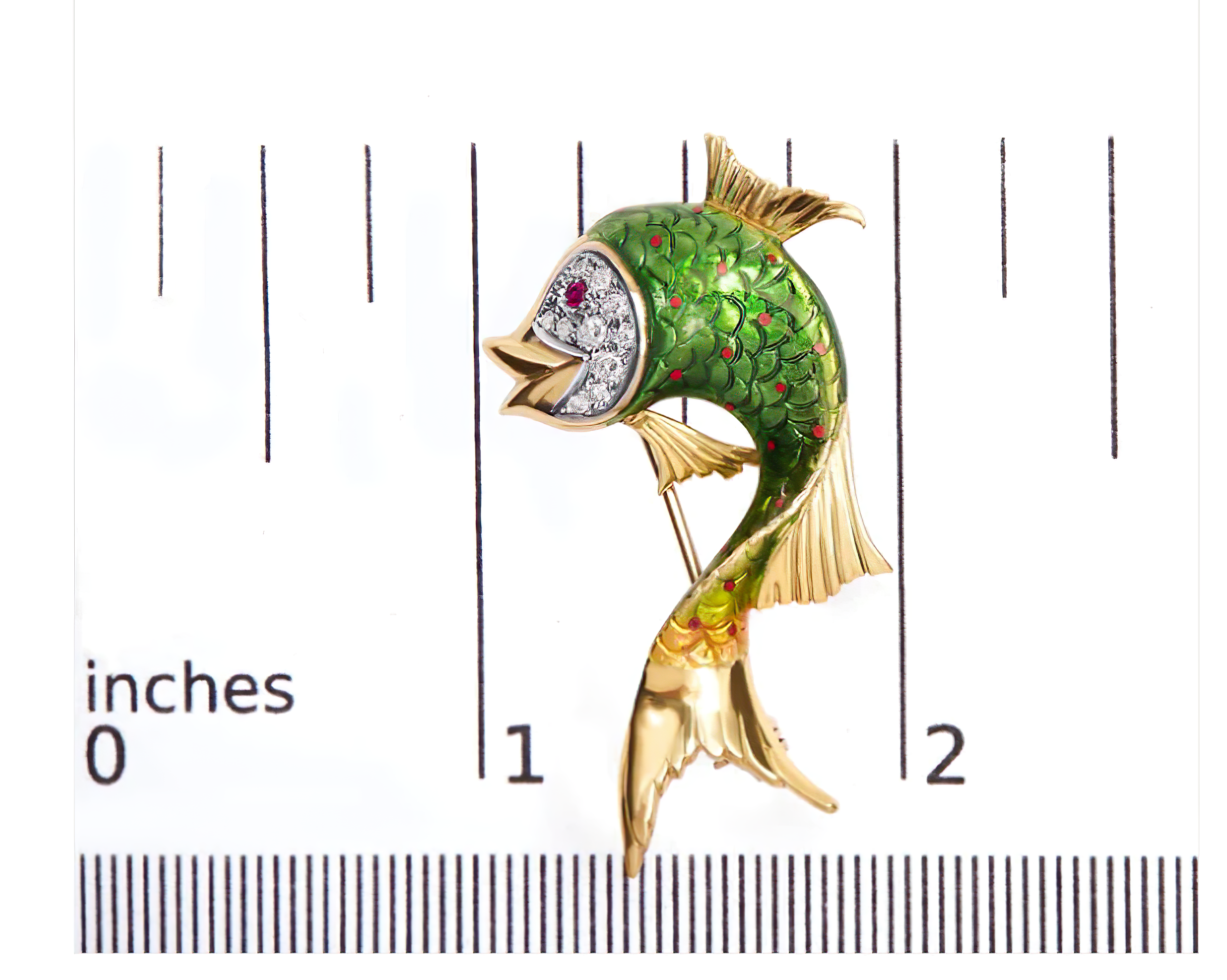 18K Yellow Gold and Green Enamel Diamond and Pink Sapphire Fish Brooch Pin (H-I Color, VS2-SI1 Clarity) - Stormyjay