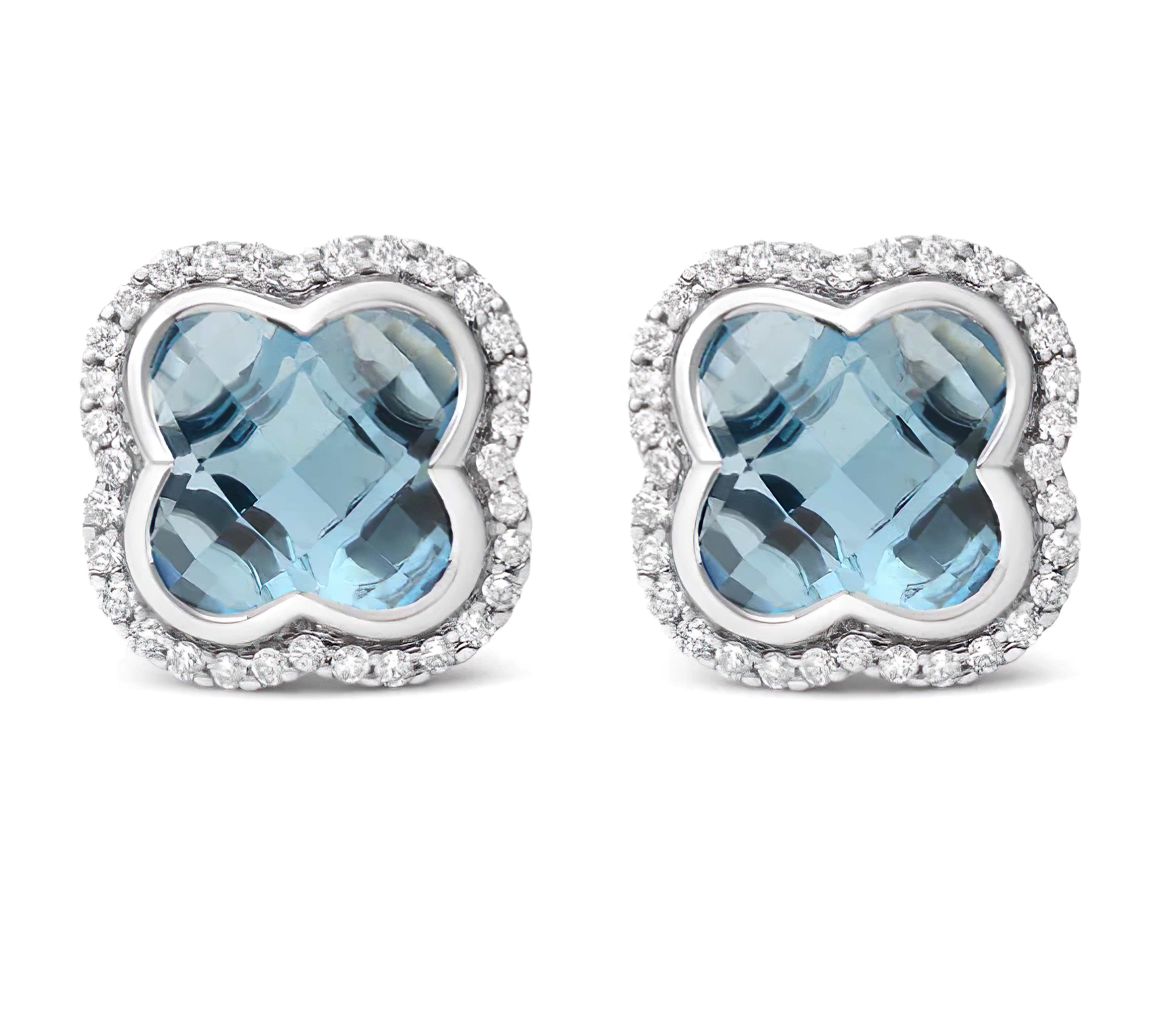 18K White Gold 3/8 Cttw Diamond and 11x11mm Clover-Cut London Blue Topaz Gemstone Halo Clover Stud Earrings (G-H Color, SI1-SI2 Clarity) - Stormyjay