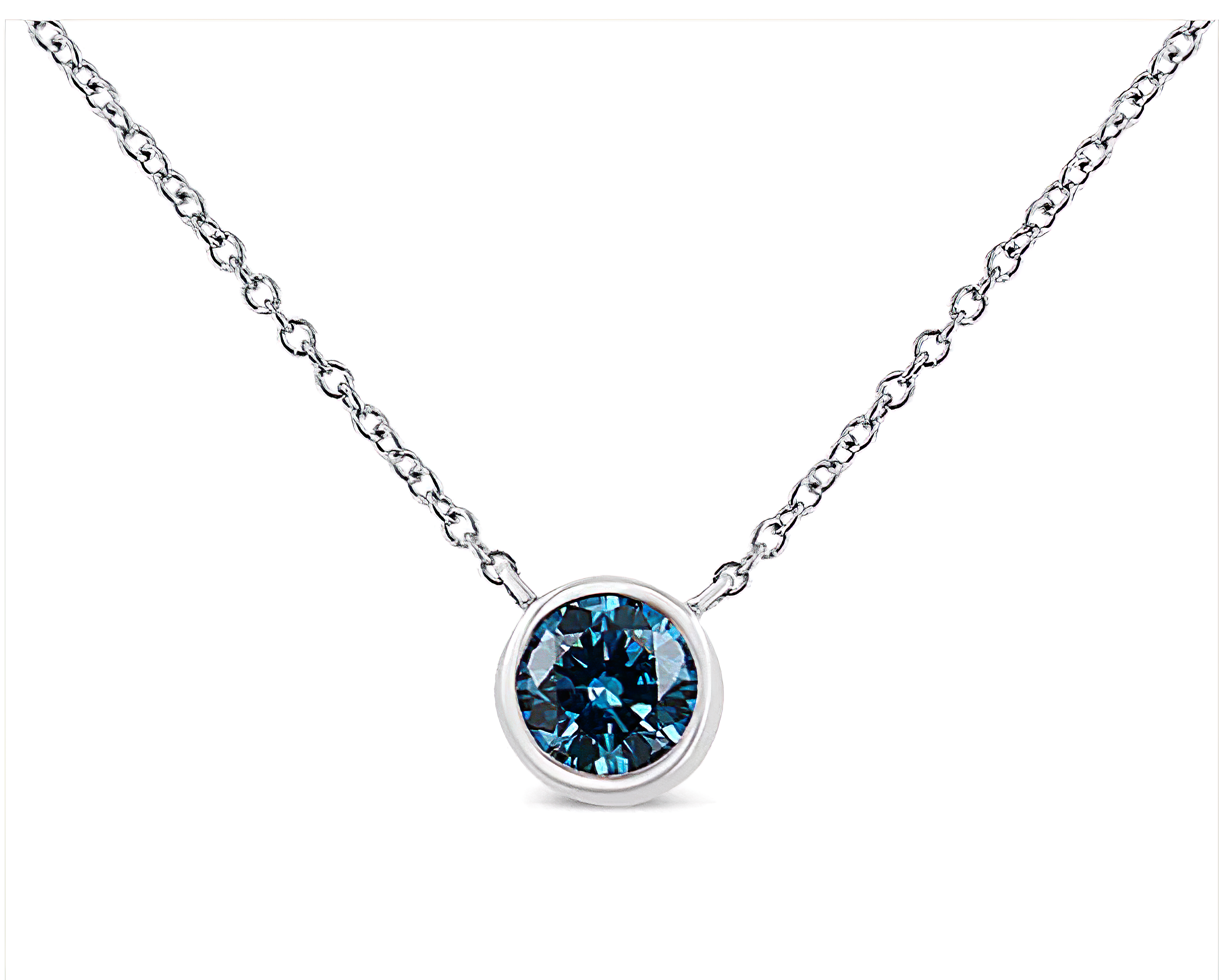 14K White Gold 1/2 Cttw Blue Lab Grown Diamond Modern Bezel-Set Solitaire 16"-18" Pendant Necklace (Blue Color, VS2-SI1 Clarity) - Stormyjay